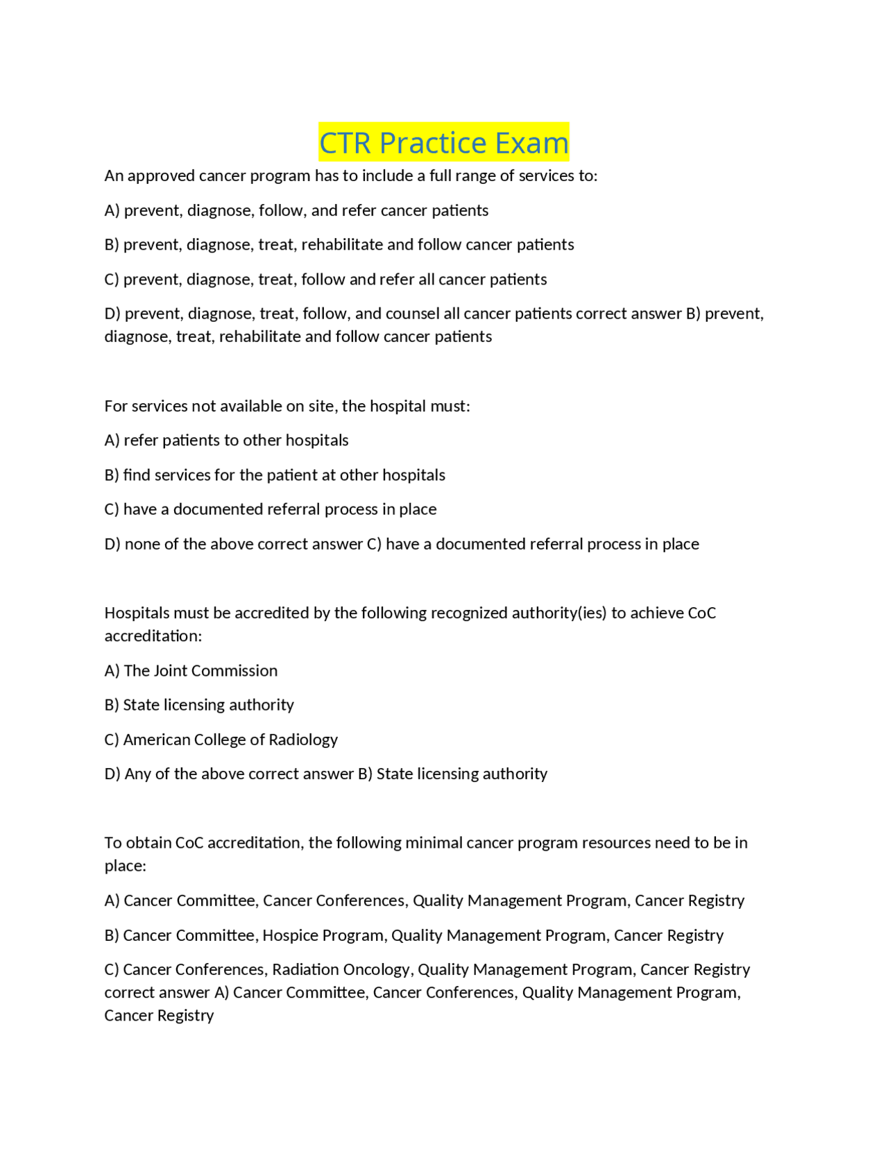 CTR Practice Examination Practice Questions | Exams Business Statistics ...