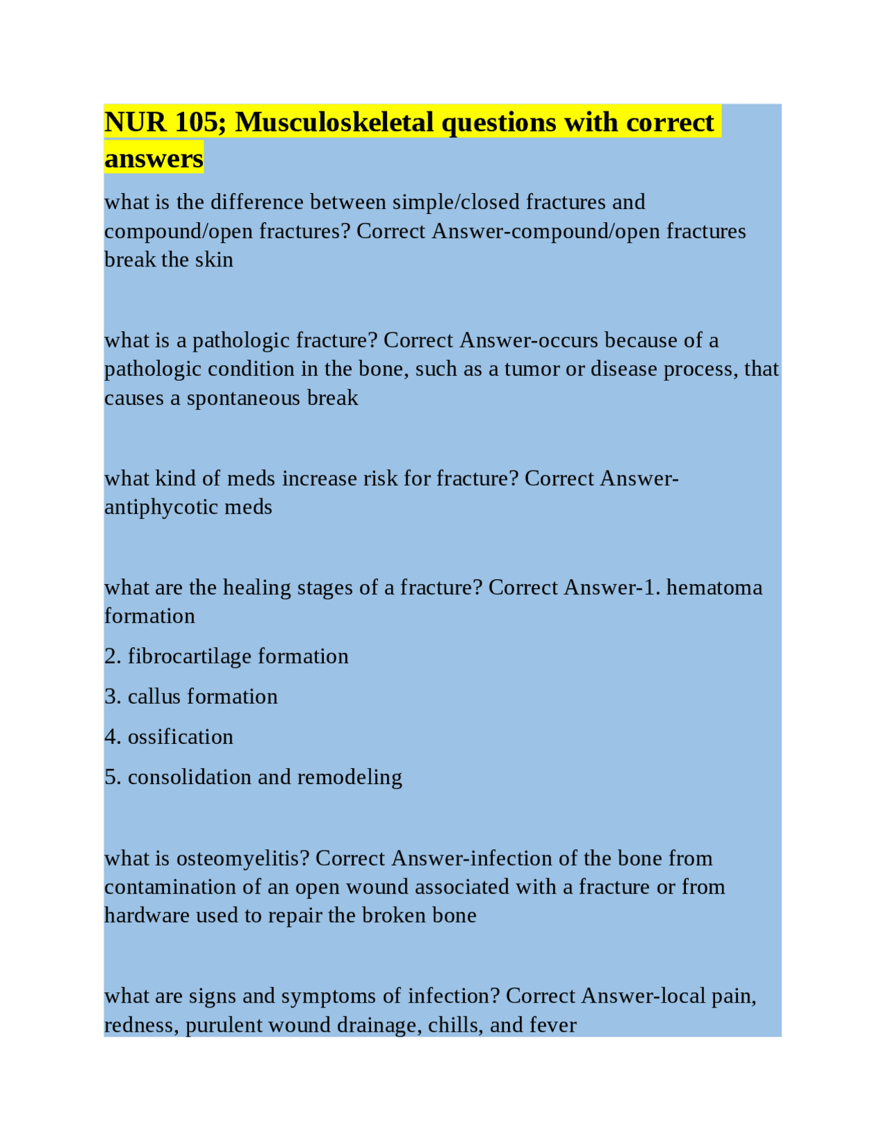 NUR 105; Musculoskeletal questions with correct answers | Exams Nursing ...