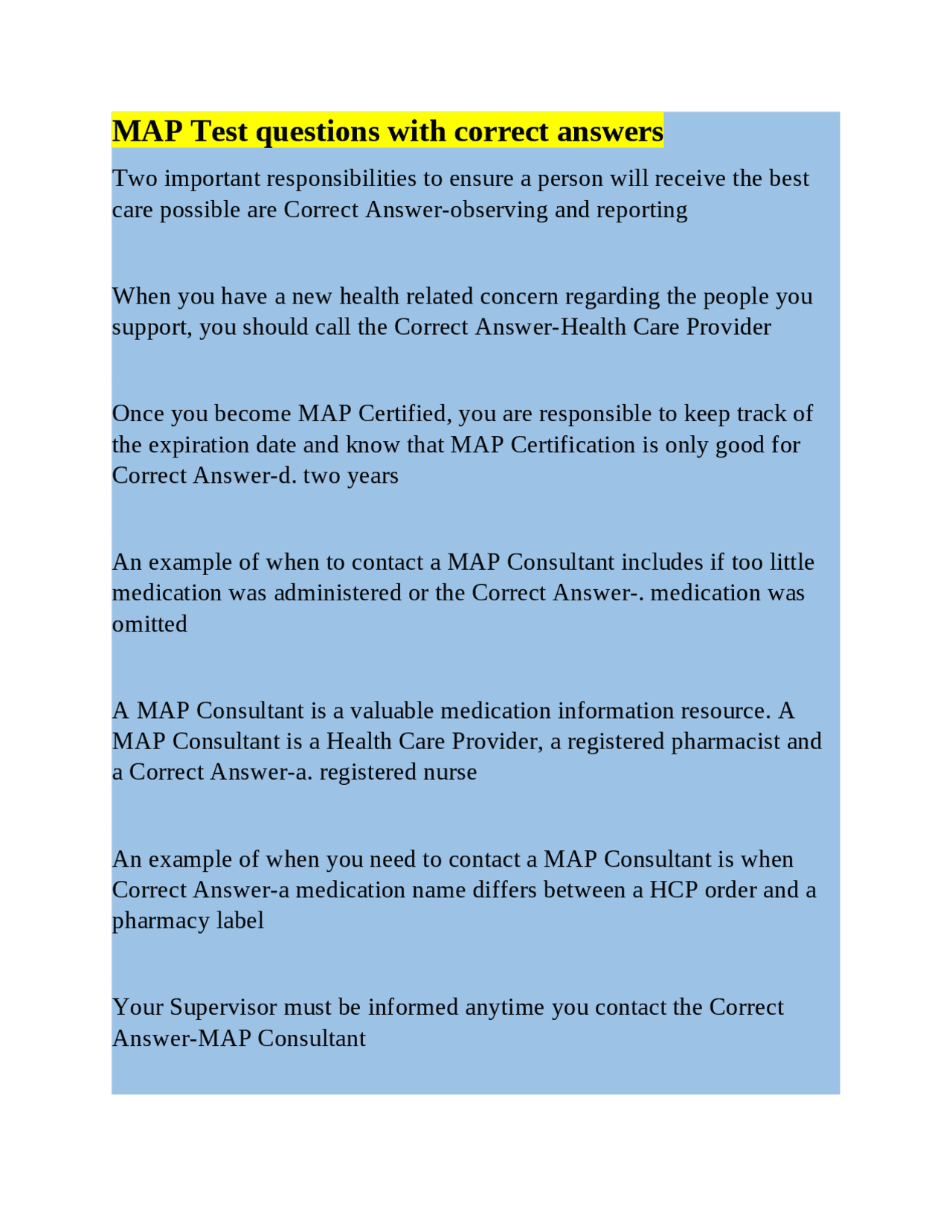 MAP Test questions with correct answers | Exams Nursing | Docsity