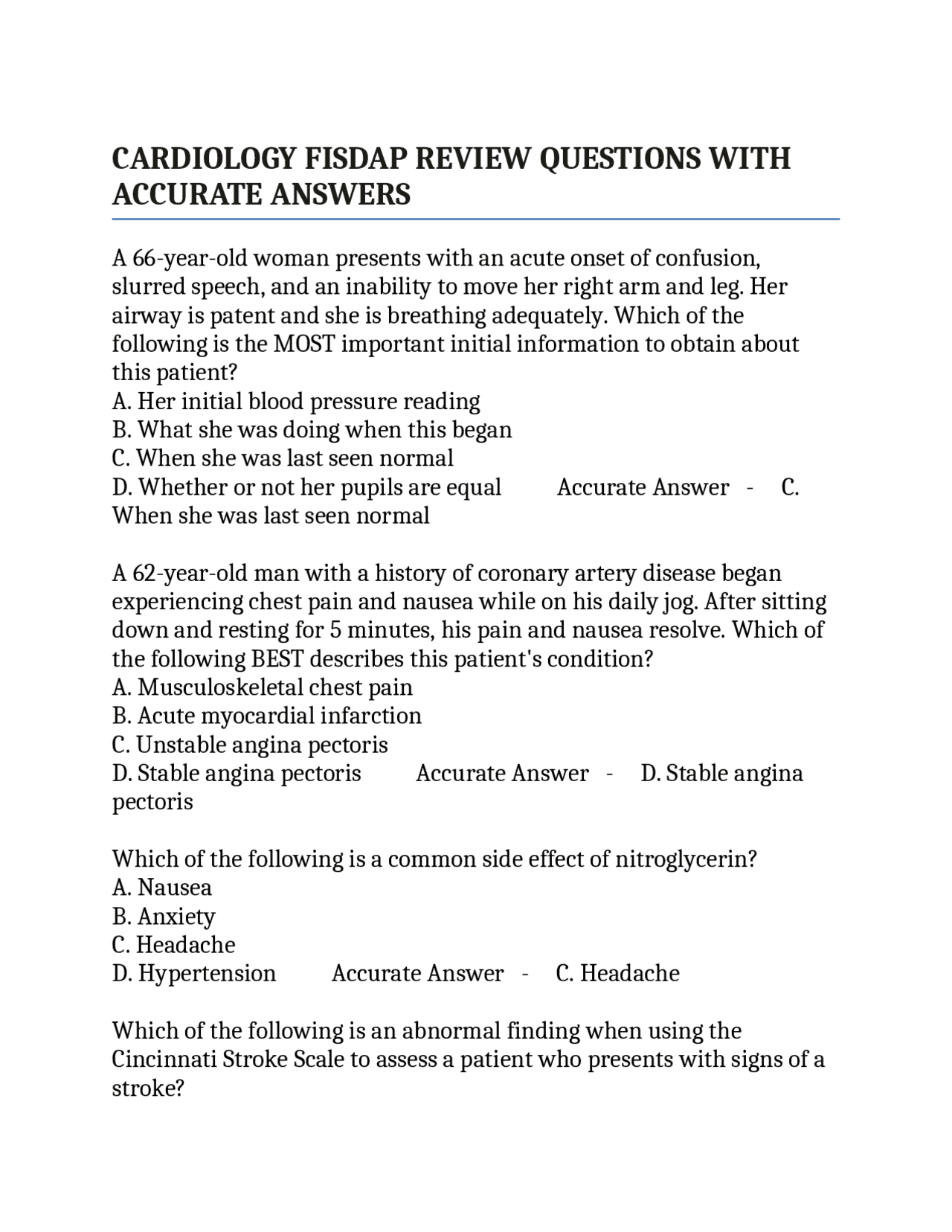 CARDIOLOGY FISDAP REVIEW QUESTIONS WITH ACCURATE ANSWERS | Exams ...