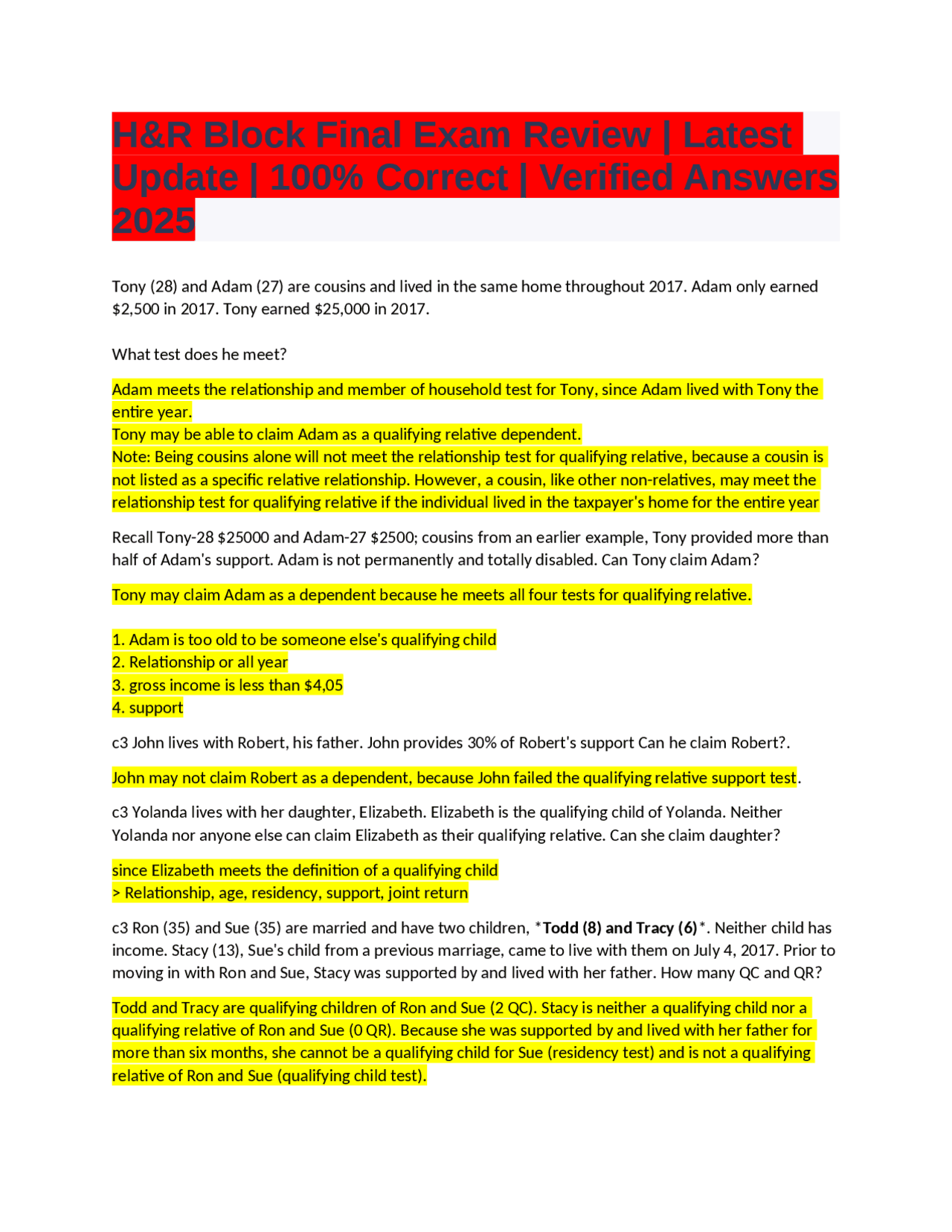 H&R Block Final Exam Review | Latest Update | 100% Correct | Verified ...