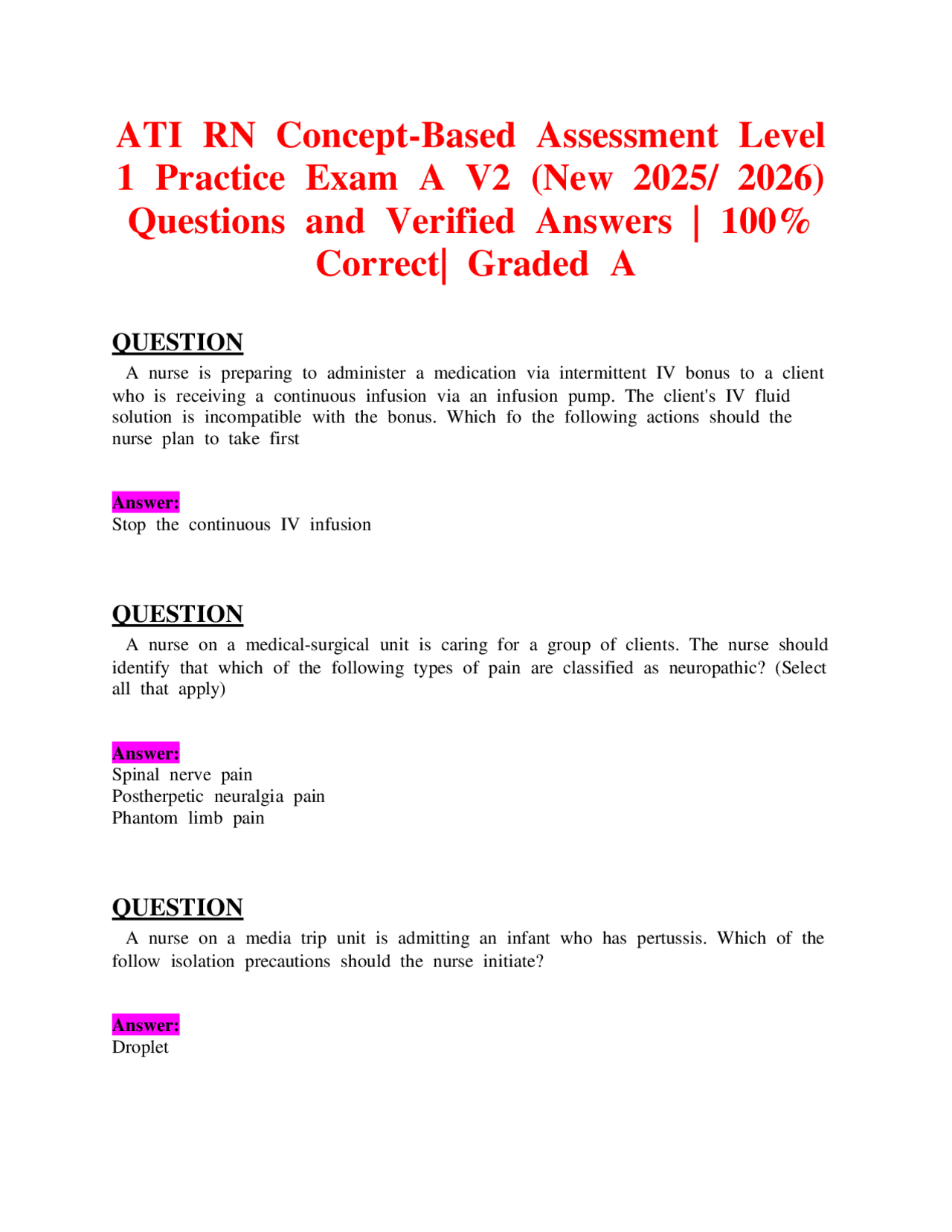 ATI RN Concept-Based Assessment Level 1 Practice Exam A V2 (New 2025/ ...