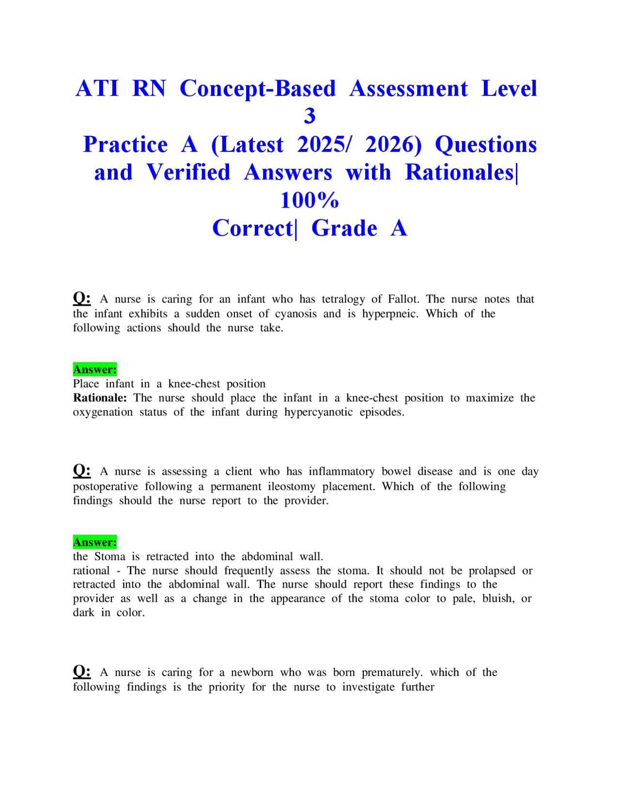 ATI RN Concept-Based Assessment Level 3 Practice A (Latest 2025/2026