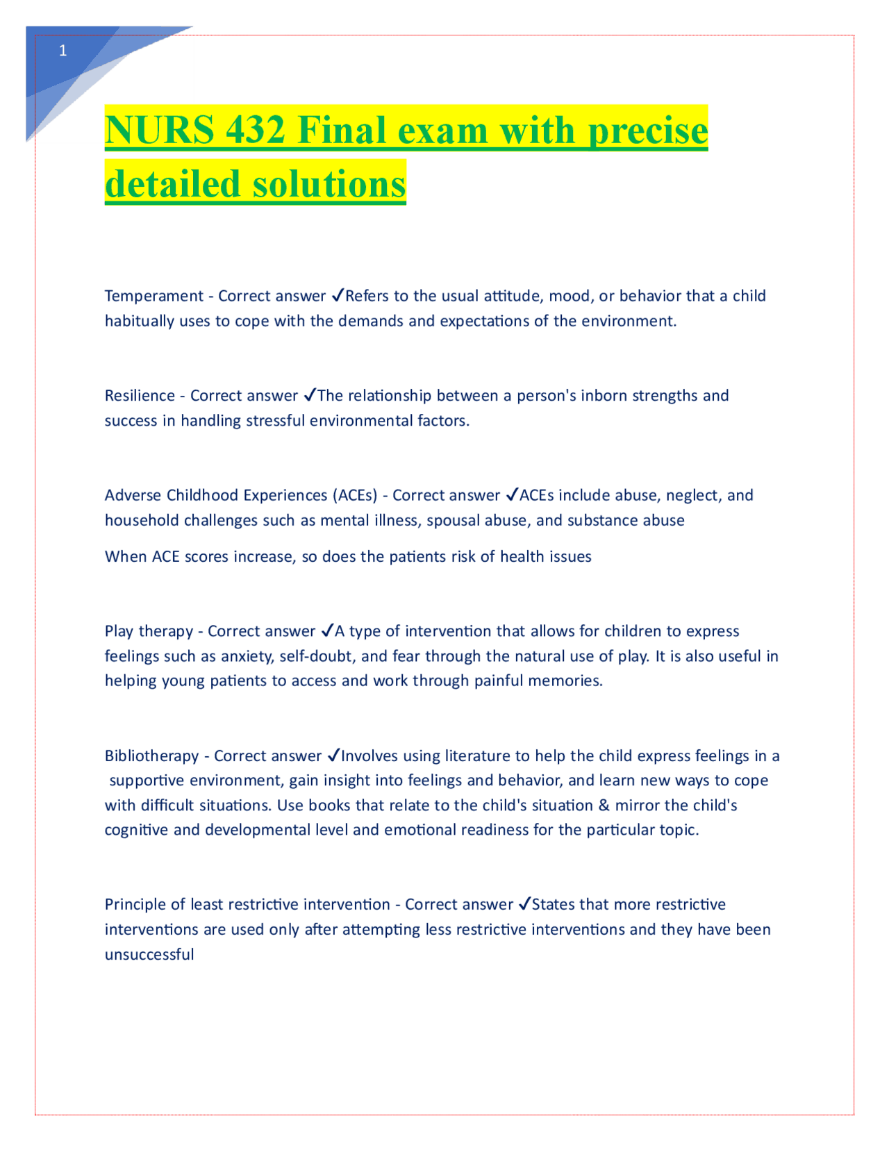 NURS 432 Final exam with precise detailed solutions | Exams Nursing ...