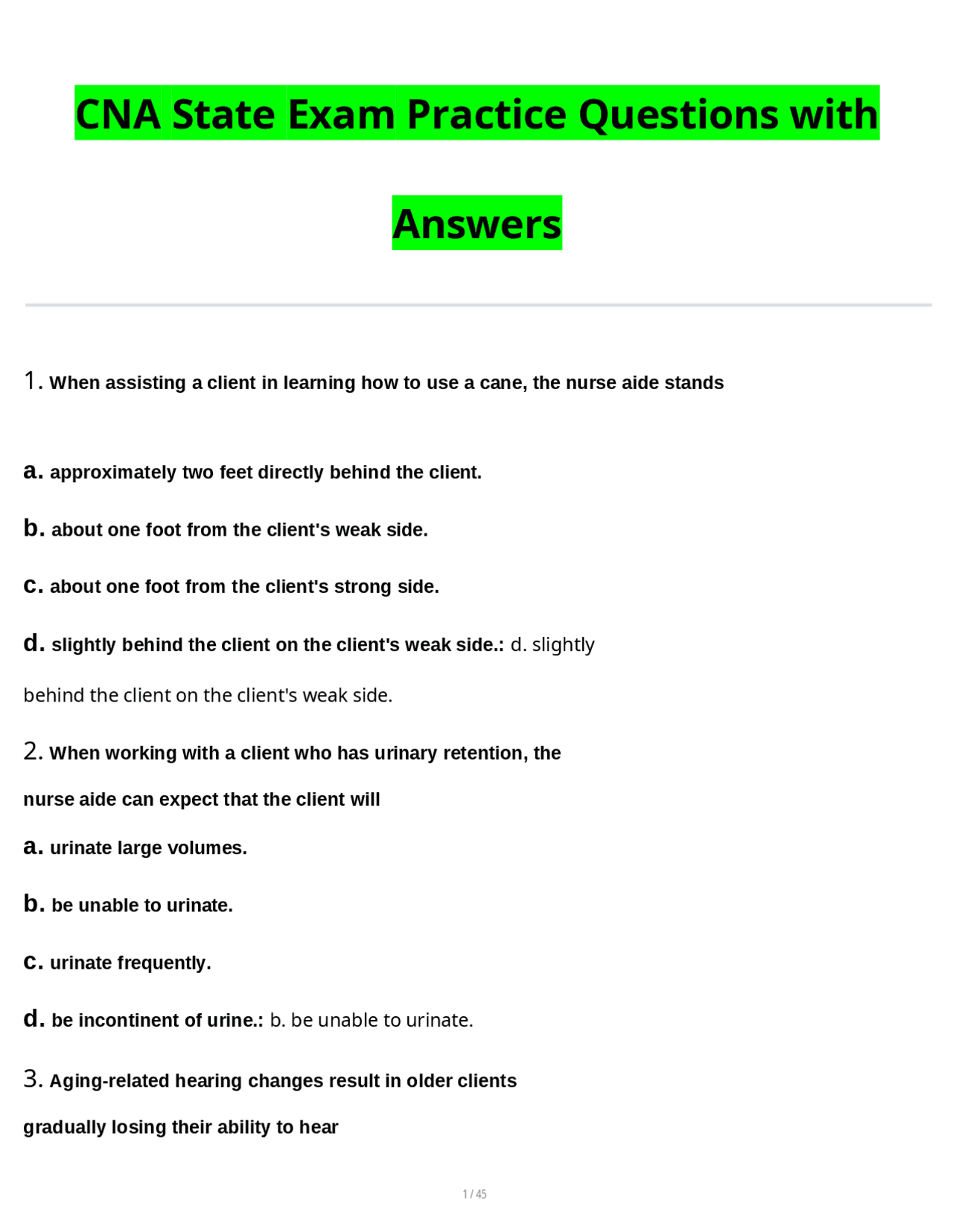 CNA State Exam Practice Questions with Answers | Exams Nursing | Docsity