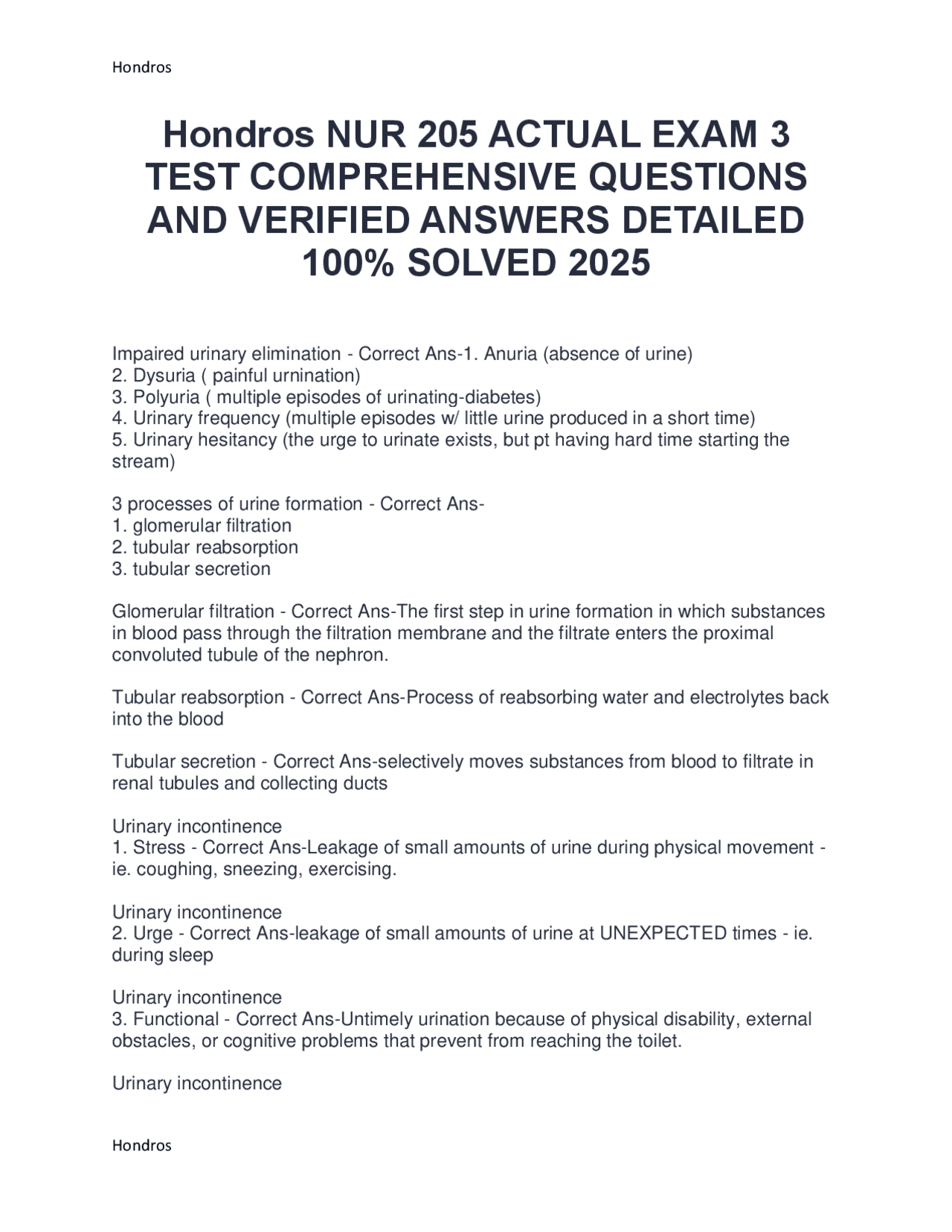 Hondros NUR 205 ACTUAL EXAM 3 TEST COMPREHENSIVE QUESTIONS AND VERIFIED ...