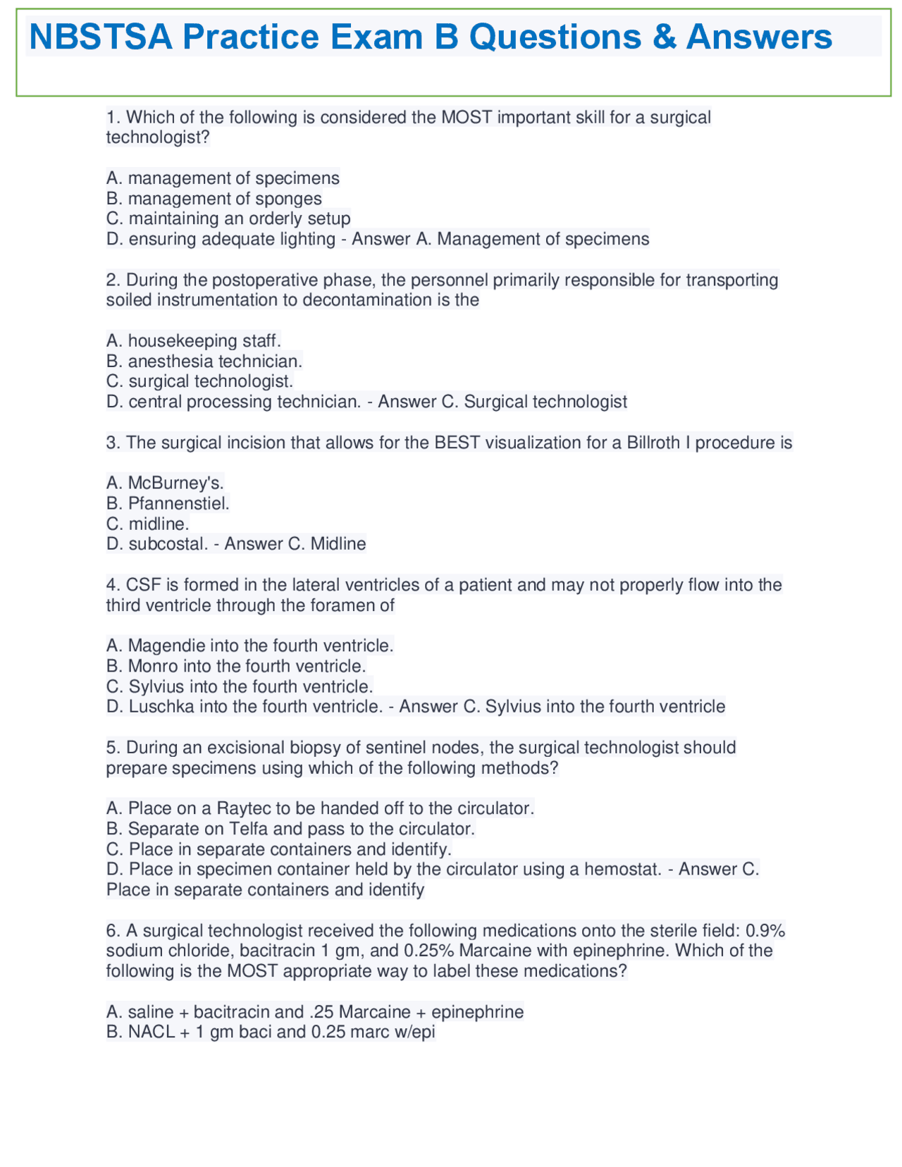 NBSTSA Practice Exam B Questions & Answers | Exams Nursing | Docsity