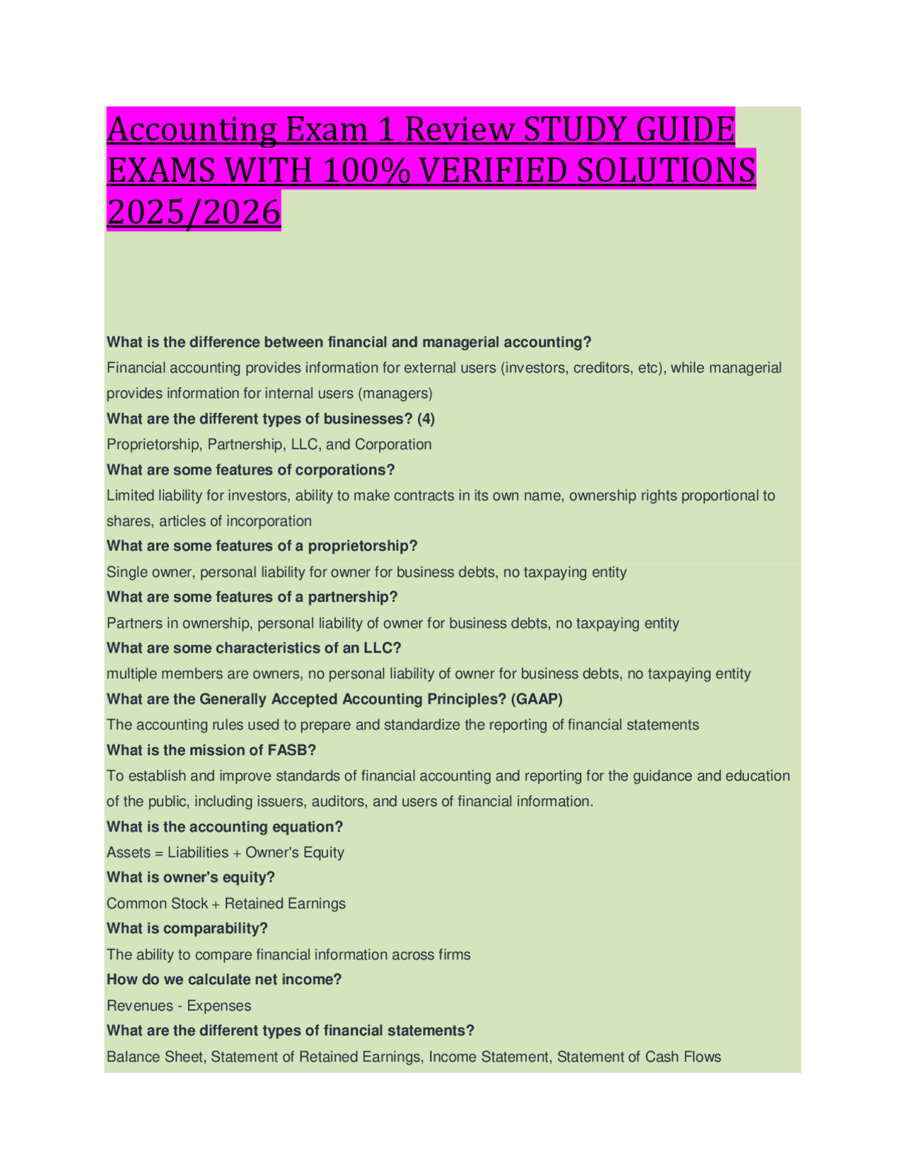 Accounting Exam 1 Review STUDY GUIDE EXAMS WITH 100% VERIFIED SOLUTIONS ...