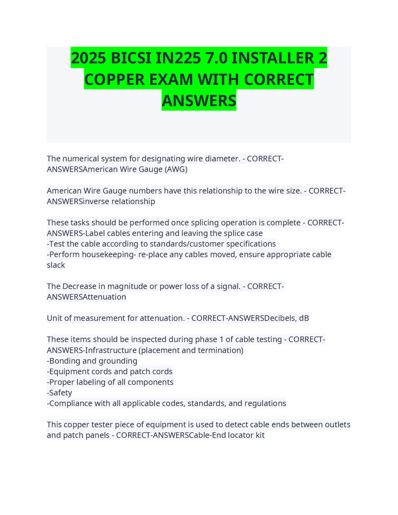 2025 BICSI IN225 7.0 INSTALLER 2 COPPER EXAM WITH CORRECT ANSWERS ...