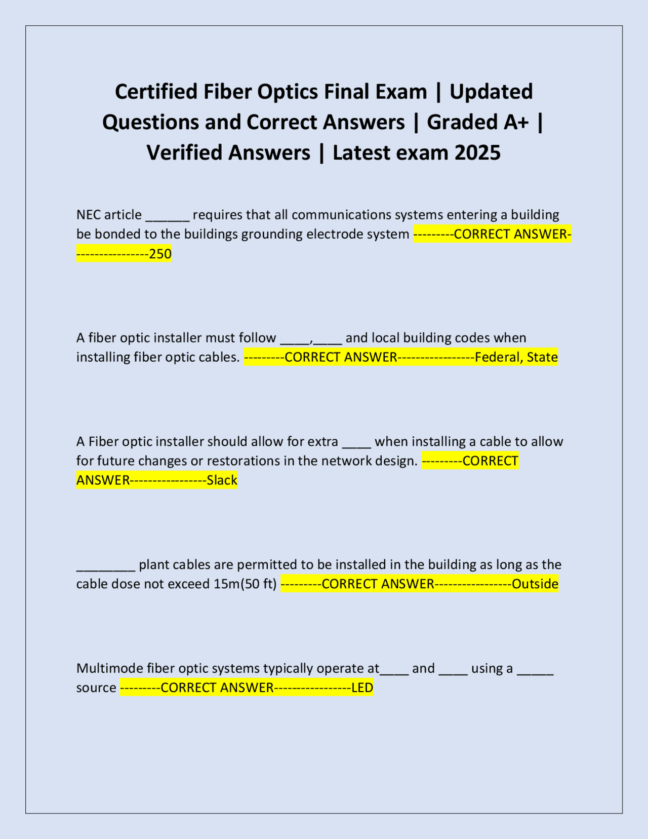 Certified Fiber Optics Final Exam | Updated Questions and Correct ...