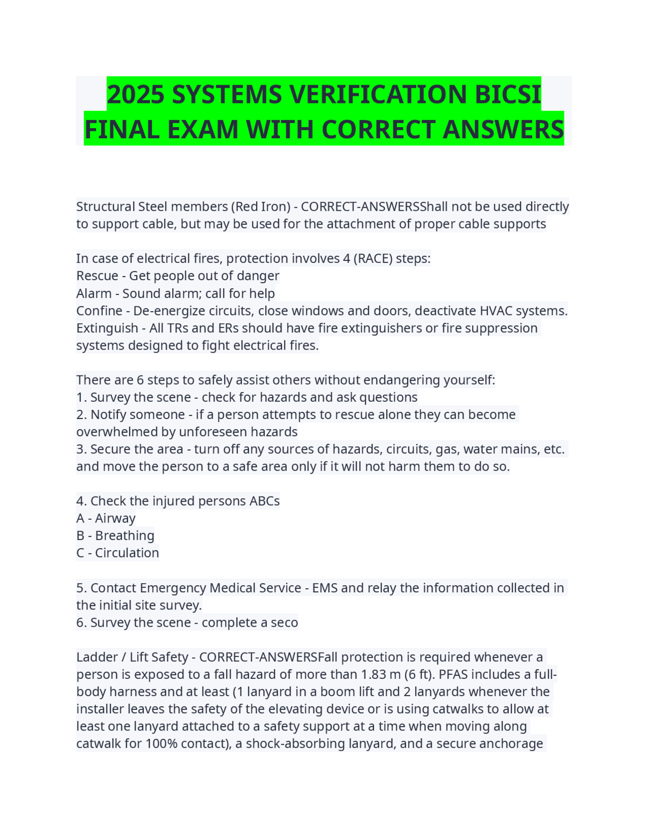 2025 SYSTEMS VERIFICATION BICSI FINAL EXAM WITH CORRECT ANSWERS | Exams ...