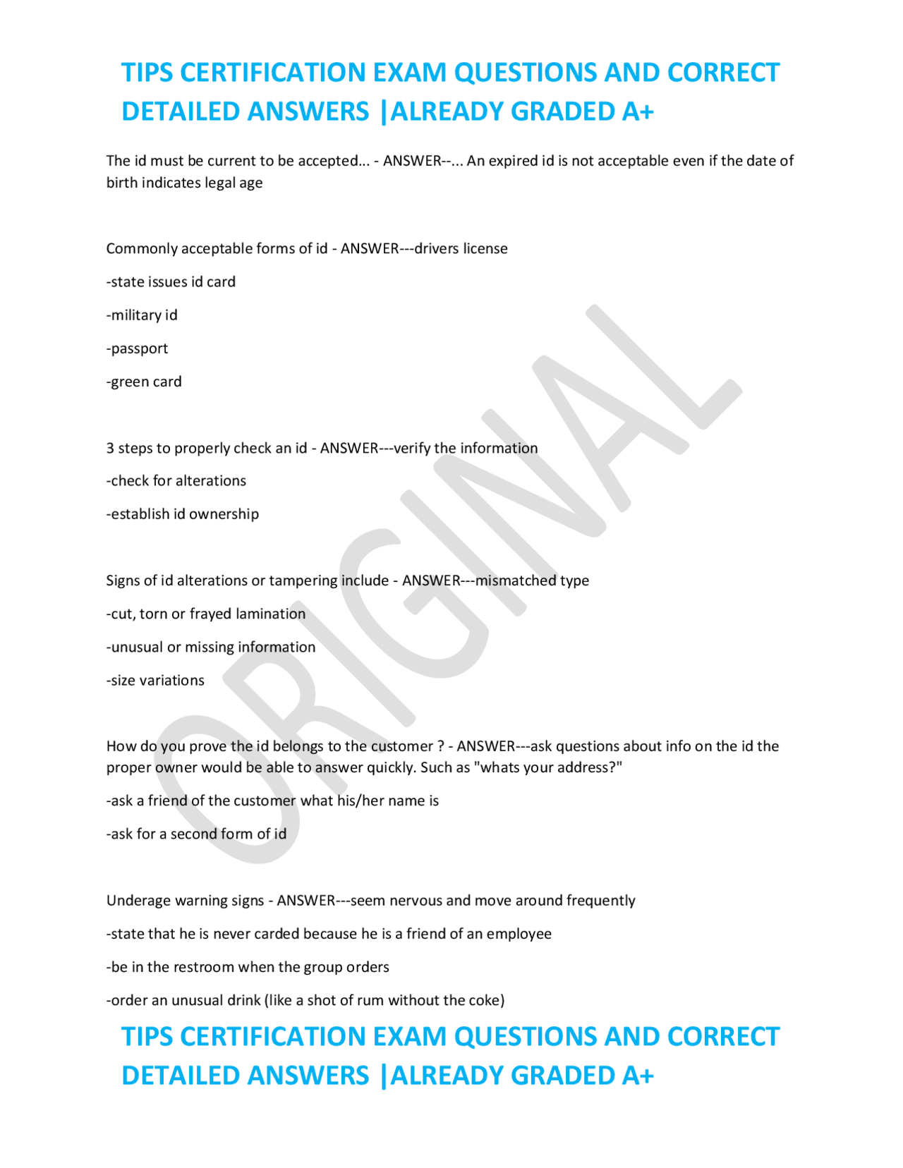 TIPS CERTIFICATION EXAM QUESTIONS AND CORRECT DETAILED ANSWERS |ALREADY GRADED A+ | Exams Health ...