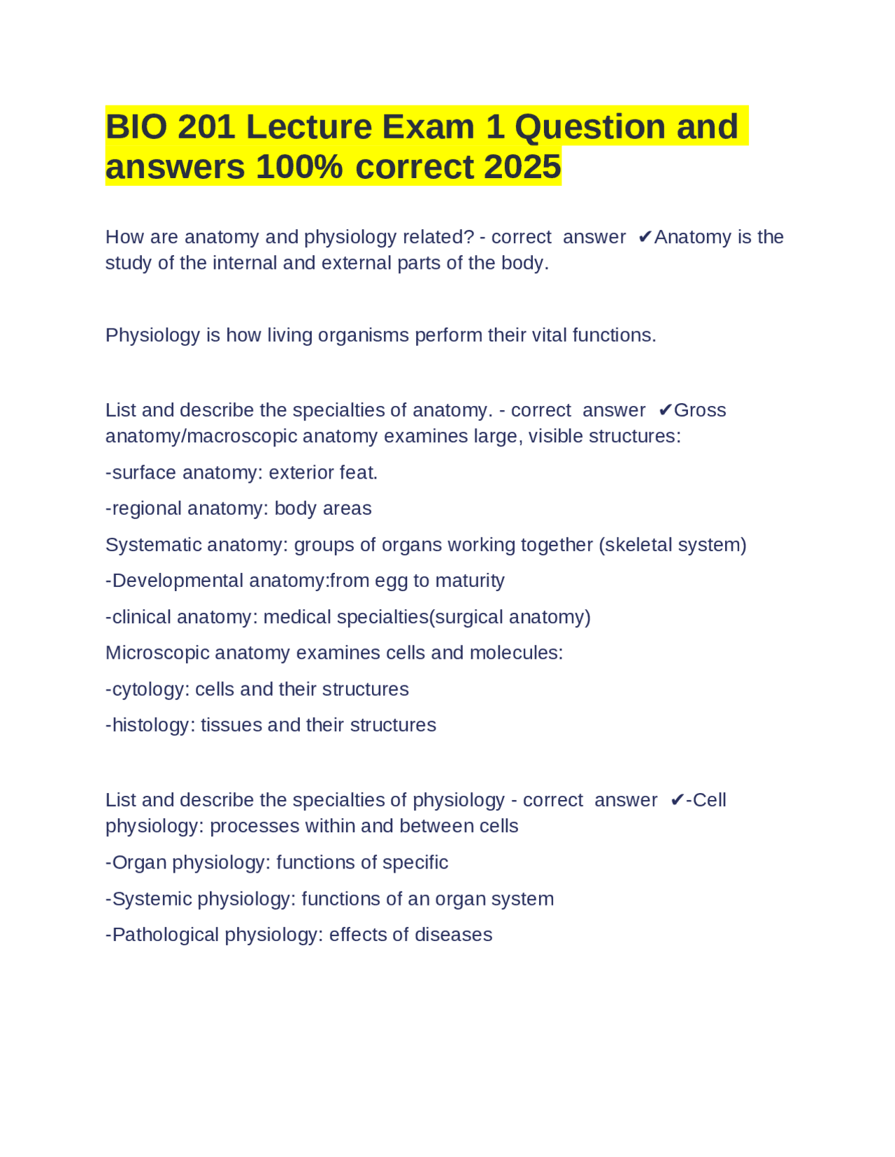BIO 201 Lecture Exam 1 Question and answers 100% correct 2025 | Exams ...