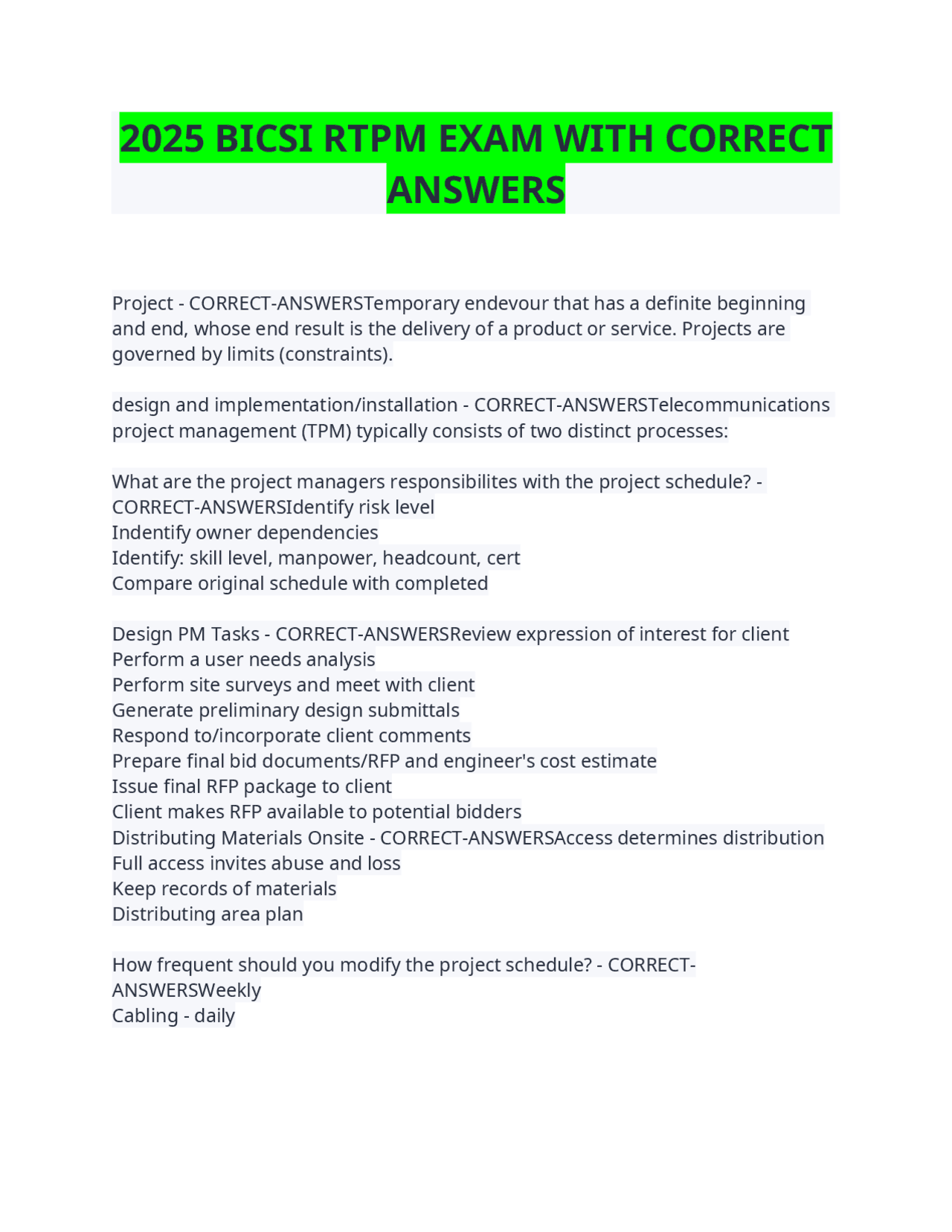 2025 BICSI RTPM EXAM WITH CORRECT ANSWERS | Exams Advanced Education ...
