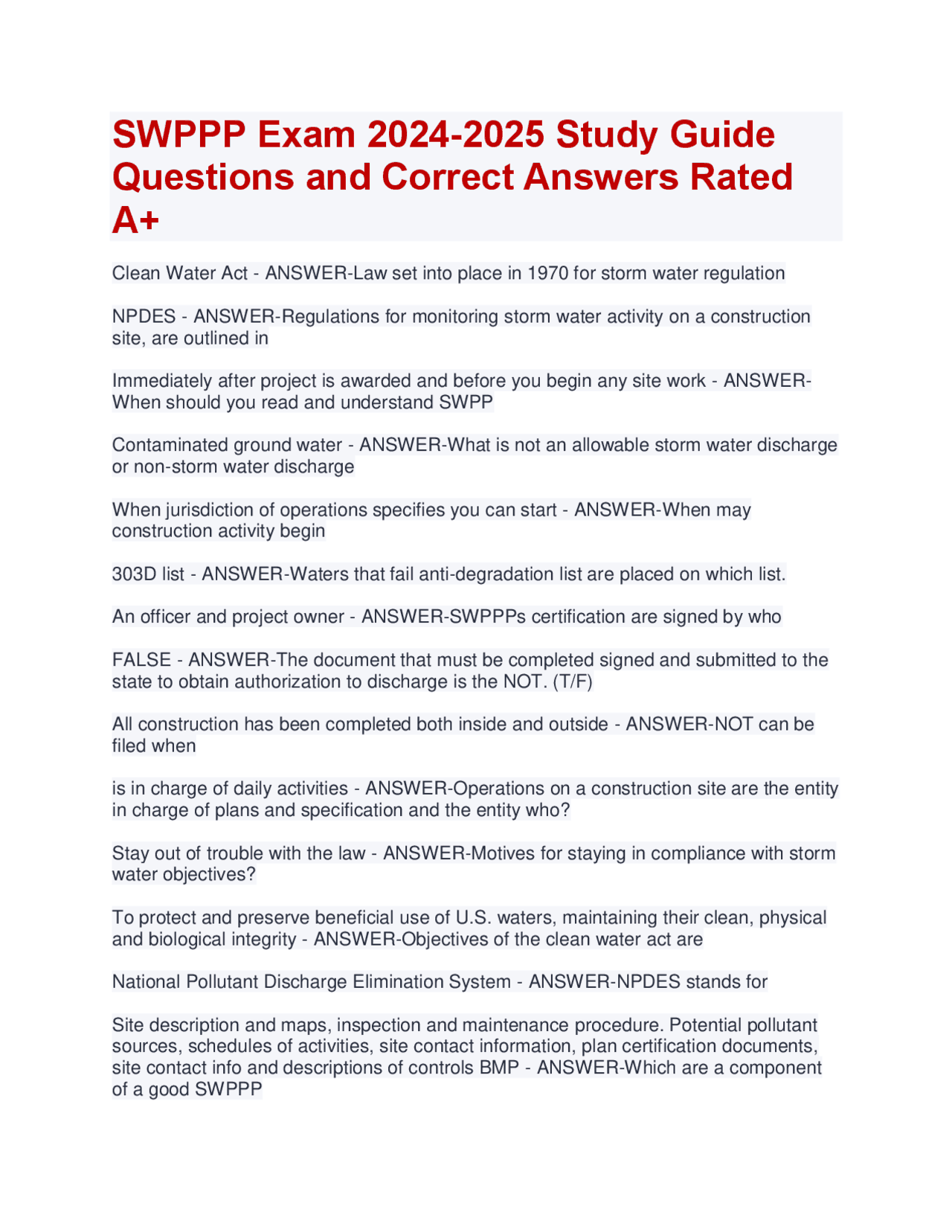 SWPPP Exam 2024-2025 Study Guide Questions and Correct Answers Rated A+ ...