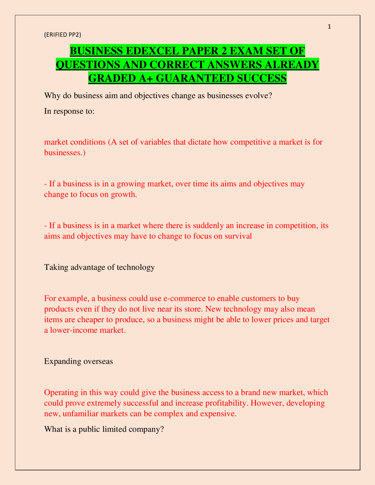 BUSINESS EDEXCEL PAPER 2 EXAM SET OF QUESTIONS AND CORRECT ANSWERS ...