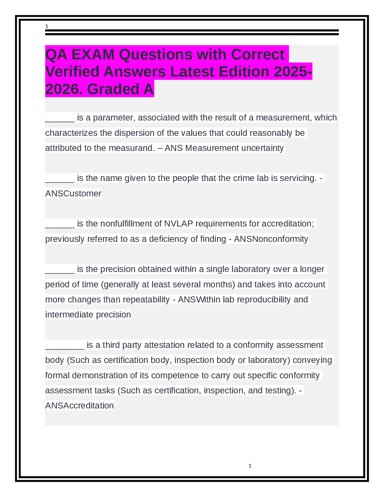 QA EXAM Questions with Correct Verified Answers Latest Edition 2025 ...