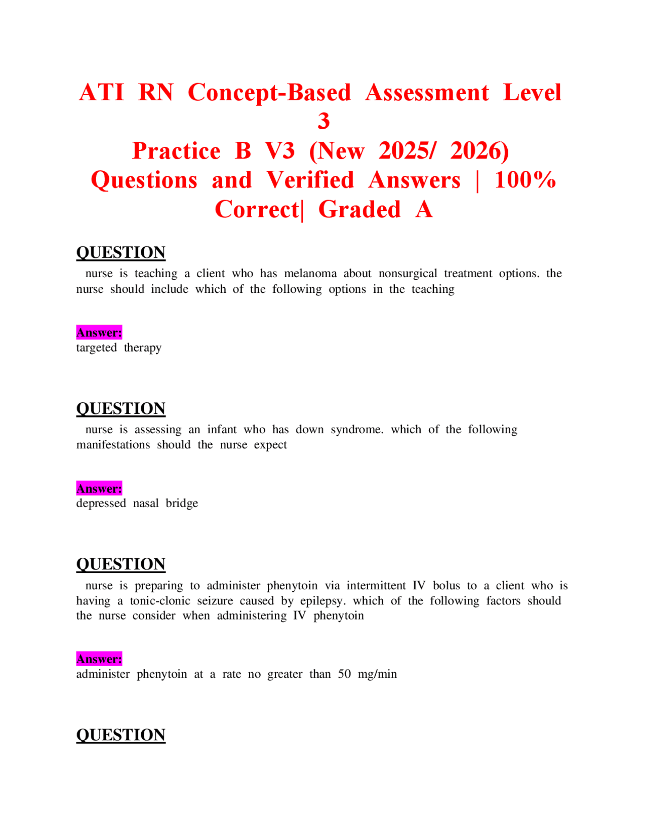 ATI RN Concept-Based Assessment Level 3 Practice B V3 (New 2025/2026 ...