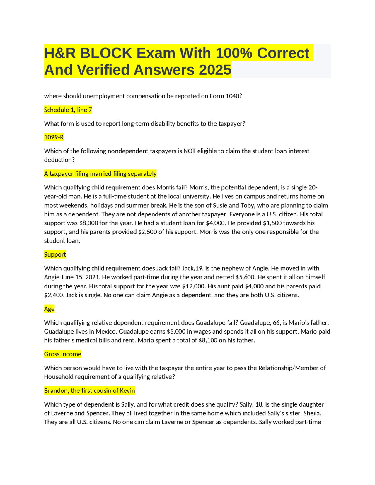 H&R BLOCK Exam With 100% Correct And Verified Answers 2025 | Exams ...