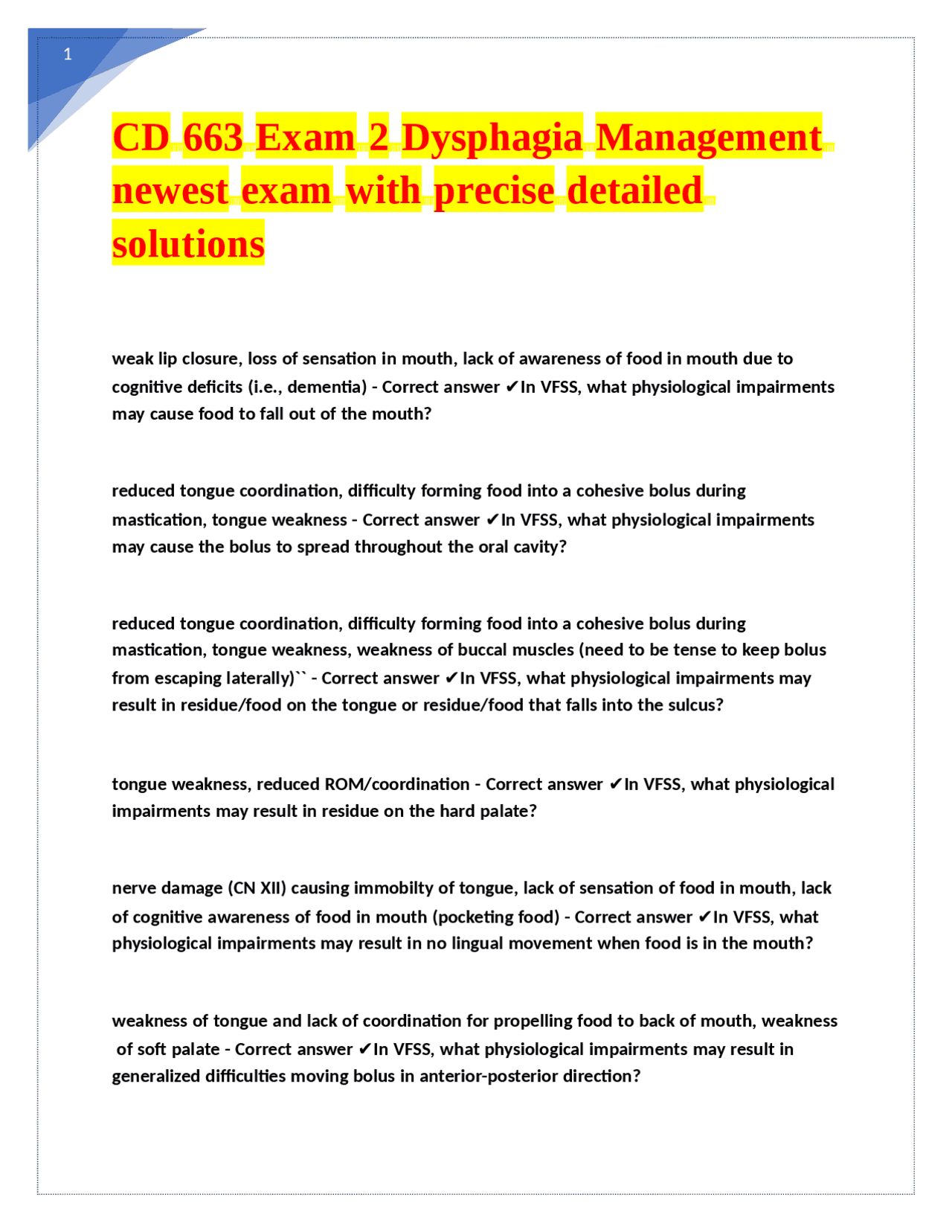 CD 663 Exam 2 Dysphagia Management newest exam with precise detailed ...
