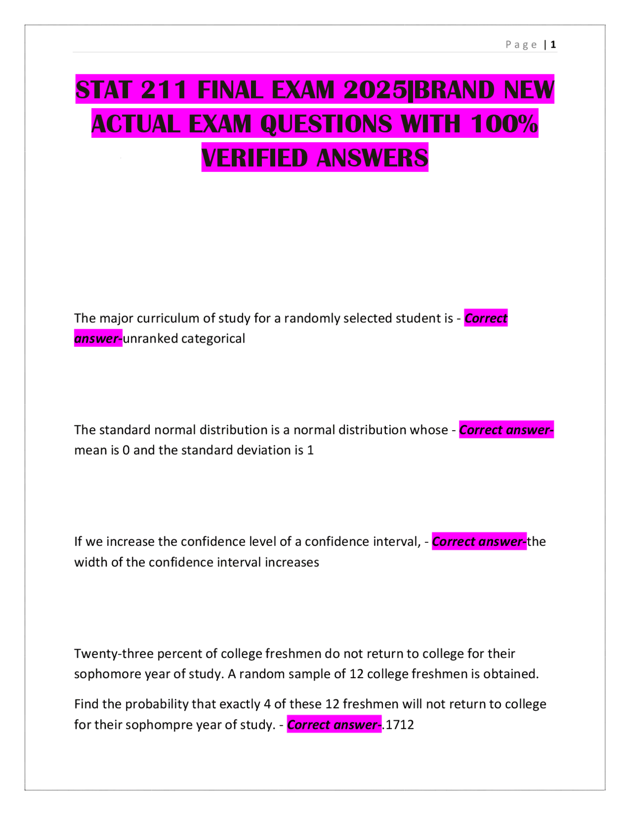 STAT 211 FINAL EXAM 2025|BRAND NEW ACTUAL EXAM QUESTIONS WITH 100% ...