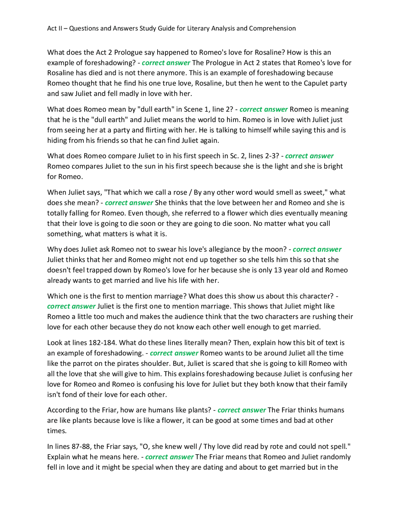 Act II – Questions and Answers Study Guide for Literary Analysis and Comprehension | Exams ...