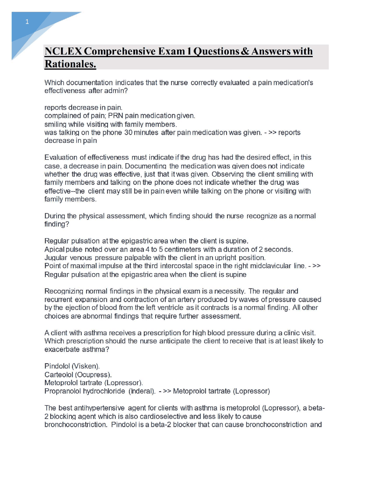 NCLEX Comprehensive Exam 1 Questions & Answers with Rationales. | Exams ...