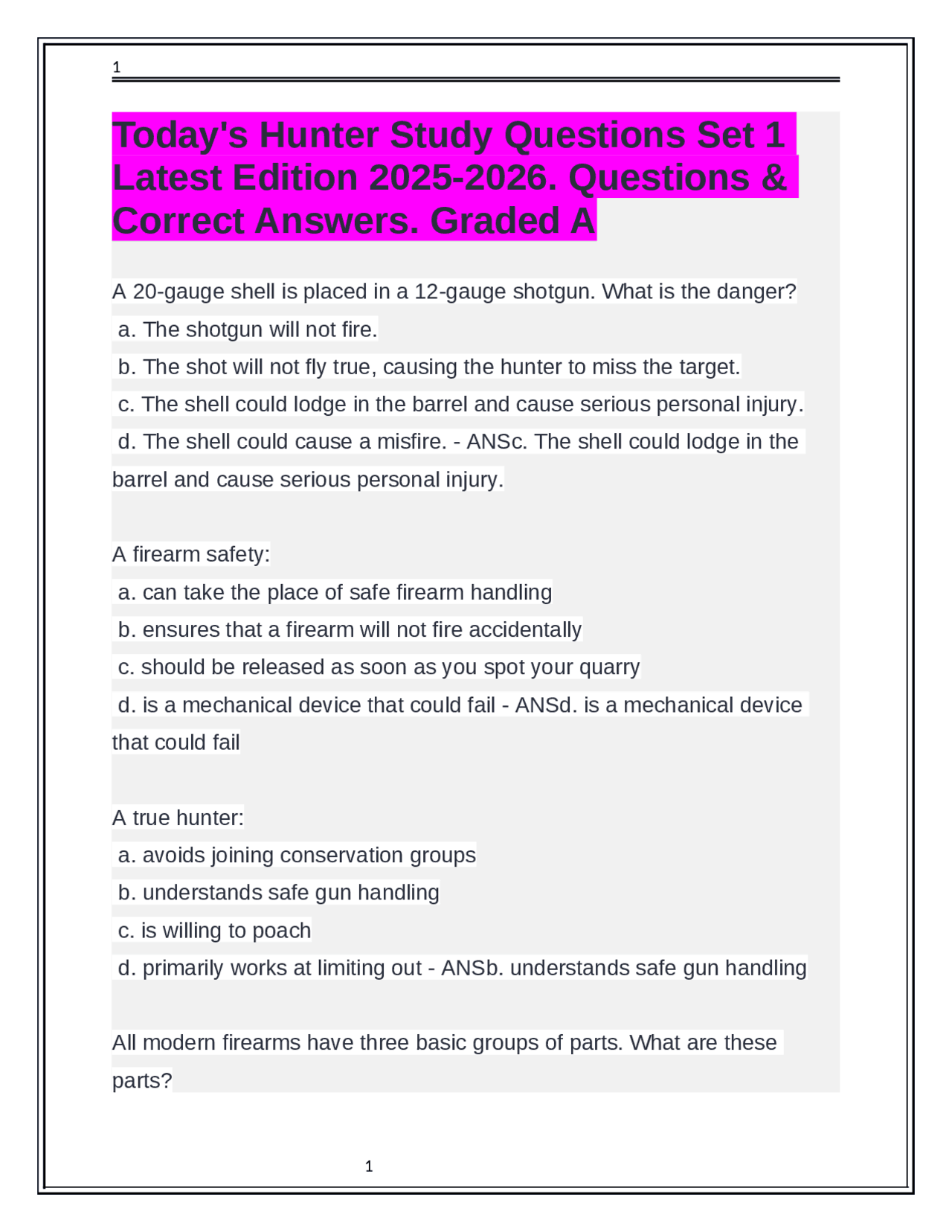 Hunter Sample Test Today's Hunter Study Questions Set 1 Latest Edition 2025-2026 ...