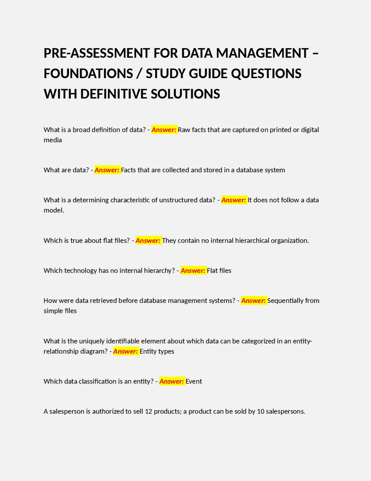 PRE-ASSESSMENT FOR DATA MANAGEMENT – FOUNDATIONS / STUDY GUIDE ...