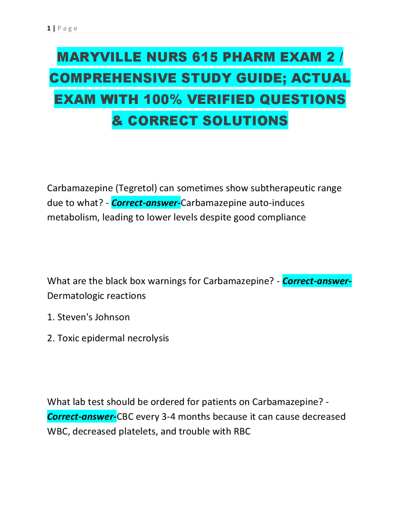 MARYVILLE NURS 615 PHARM EXAM 2 / COMPREHENSIVE STUDY GUIDE; ACTUAL ...