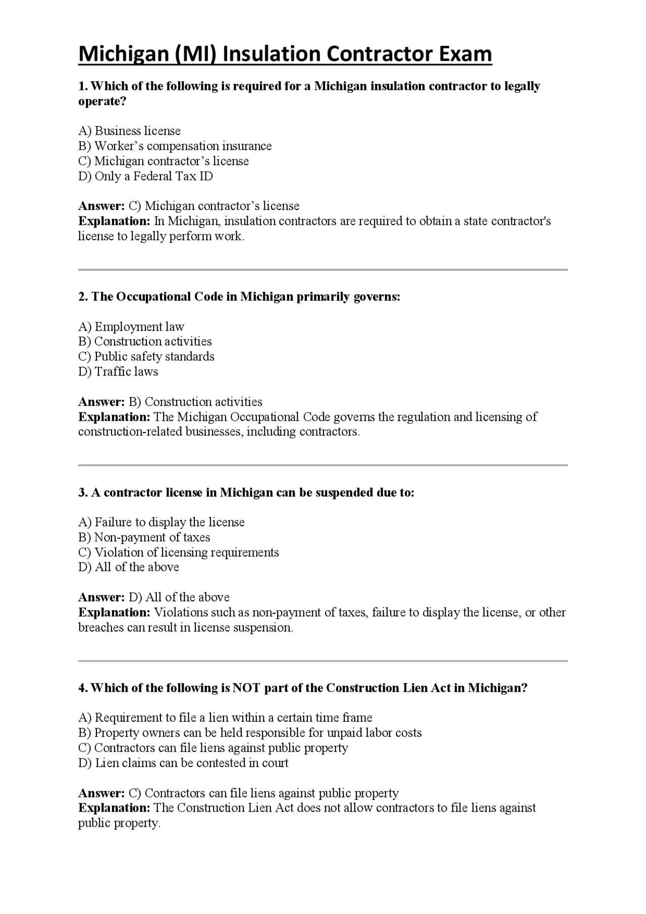 Michigan (MI) Insulation Contractor Exam | Exams Technology | Docsity