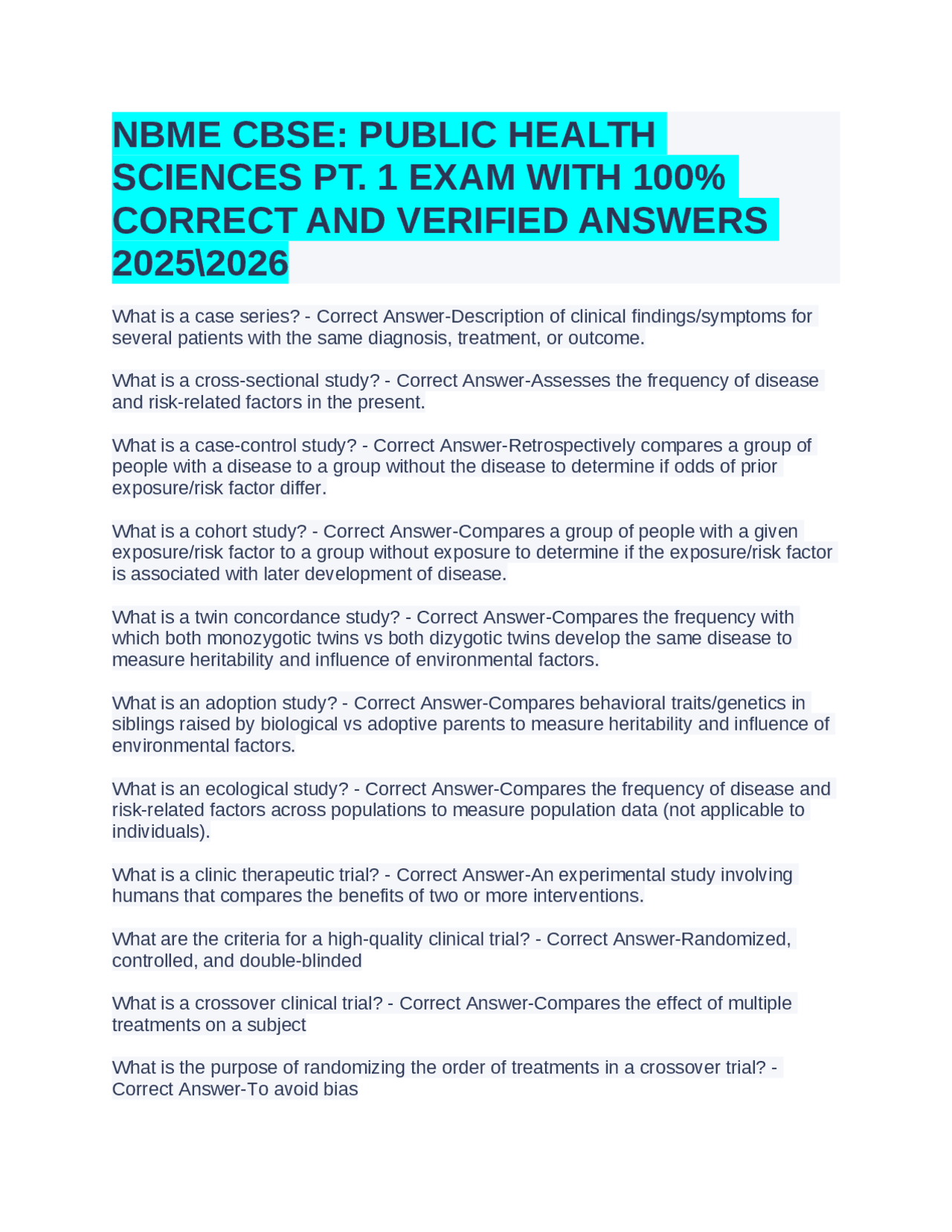 NBME CBSE: PUBLIC HEALTH SCIENCES PT. 1 EXAM WITH 100% CORRECT AND ...