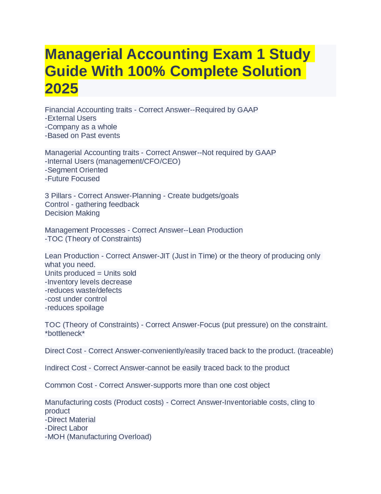 Managerial Accounting Exam 1 Study Guide With 100% Complete Solution ...