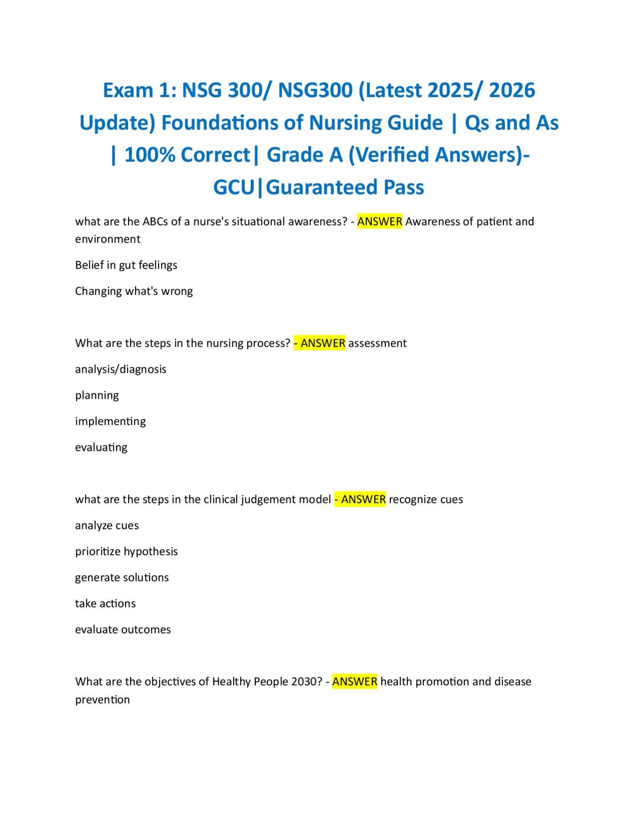 Exam 1: NSG 300/ NSG300 (Latest 2025/ 2026 Update) Foundations of ...