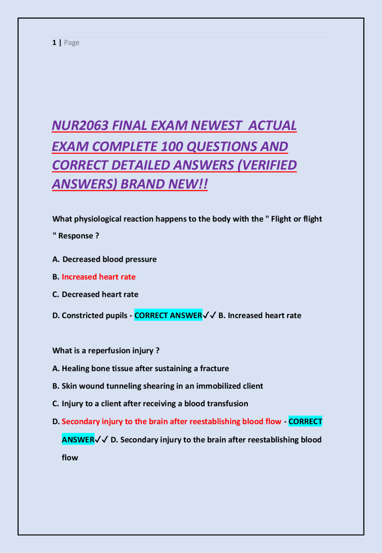 NUR2063 FINAL EXAM NEWEST ACTUAL EXAM COMPLETE 100 QUESTIONS AND ...