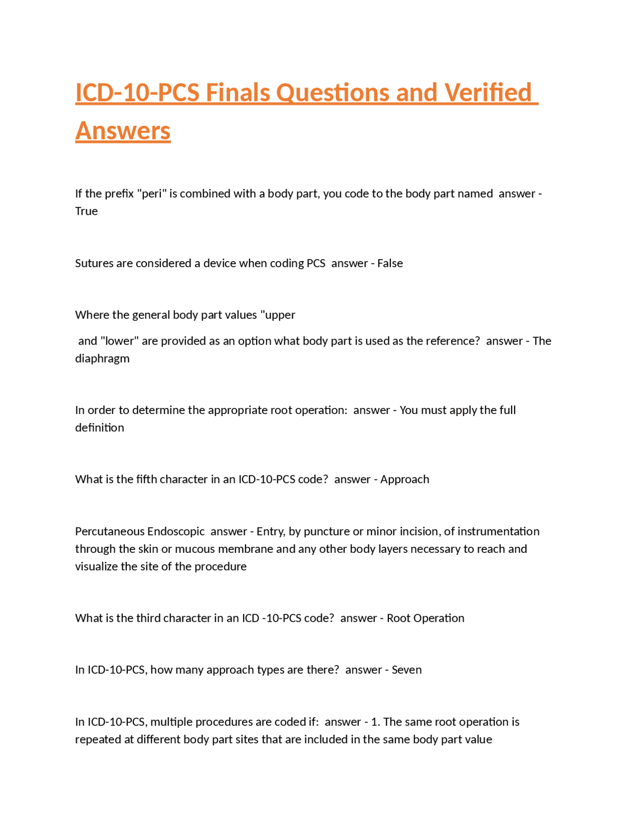 ICD-10-PCS Medical Coding: Questions and Answers | Exams Nursing | Docsity