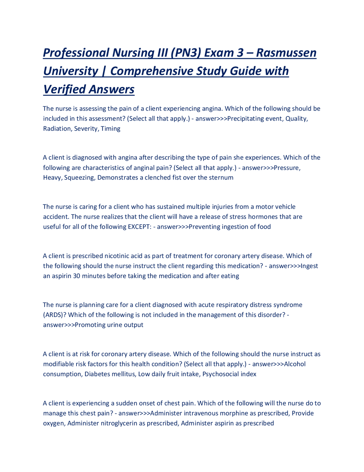 Professional Nursing III Exam 3 Study Guide: Cardiovascular, Renal, and ...