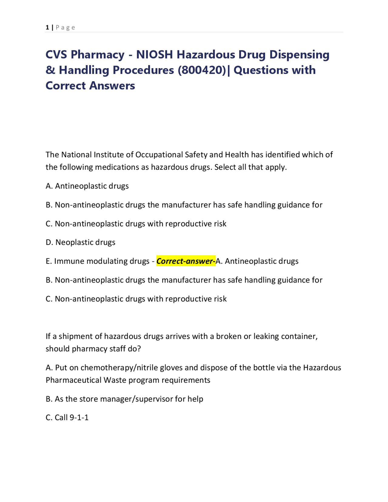 CVS Pharmacy - NIOSH Hazardous Drug Dispensing & Handling Procedures ...
