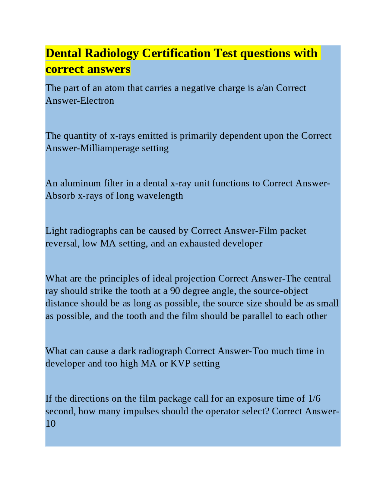 Dental Radiology Certification Test questions with correct answers ...