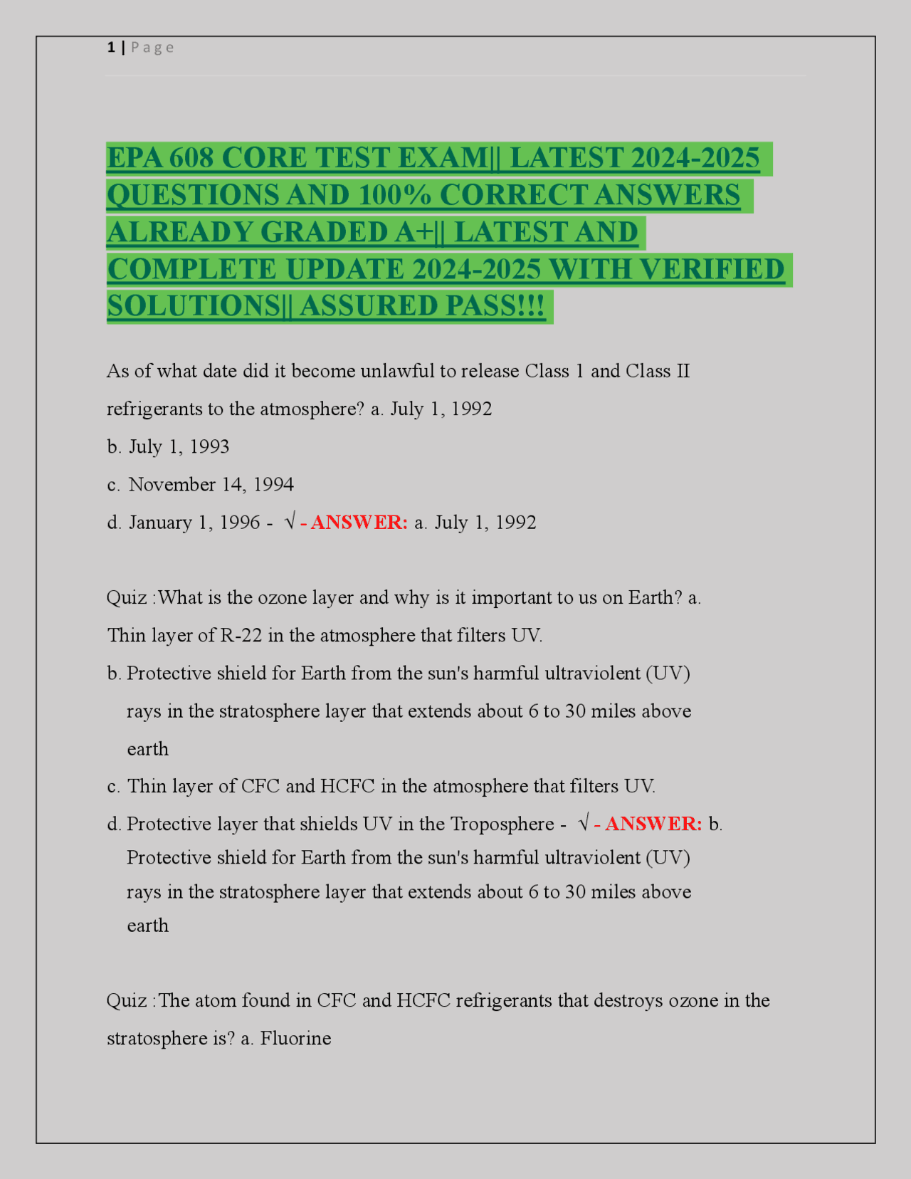 EPA 608 CORE TEST EXAM|| LATEST 2024-2025 QUESTIONS AND 100% CORRECT ...