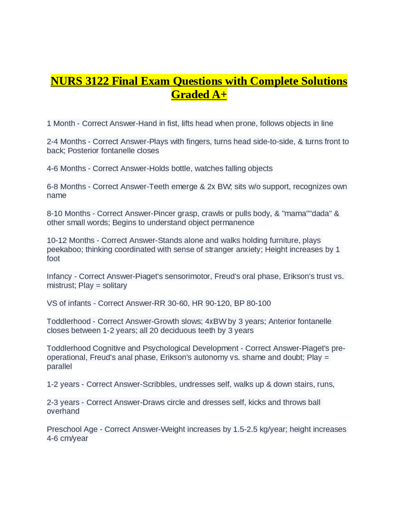 NURS 3122 Final Exam Questions with Complete Solutions Graded A+ ...