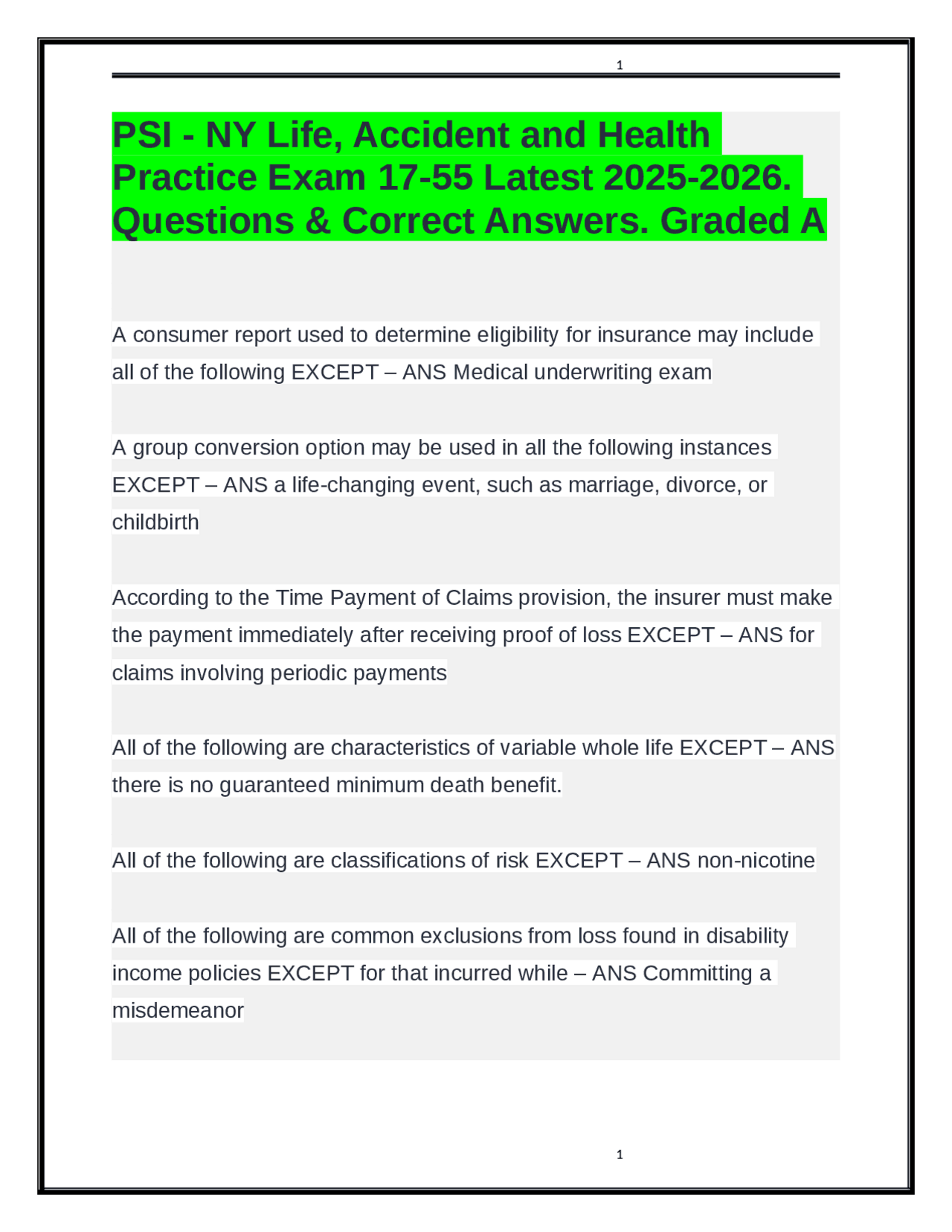 Psi Ny Life Accident Health Practice Exam 17 55 Latest 2025 2026
