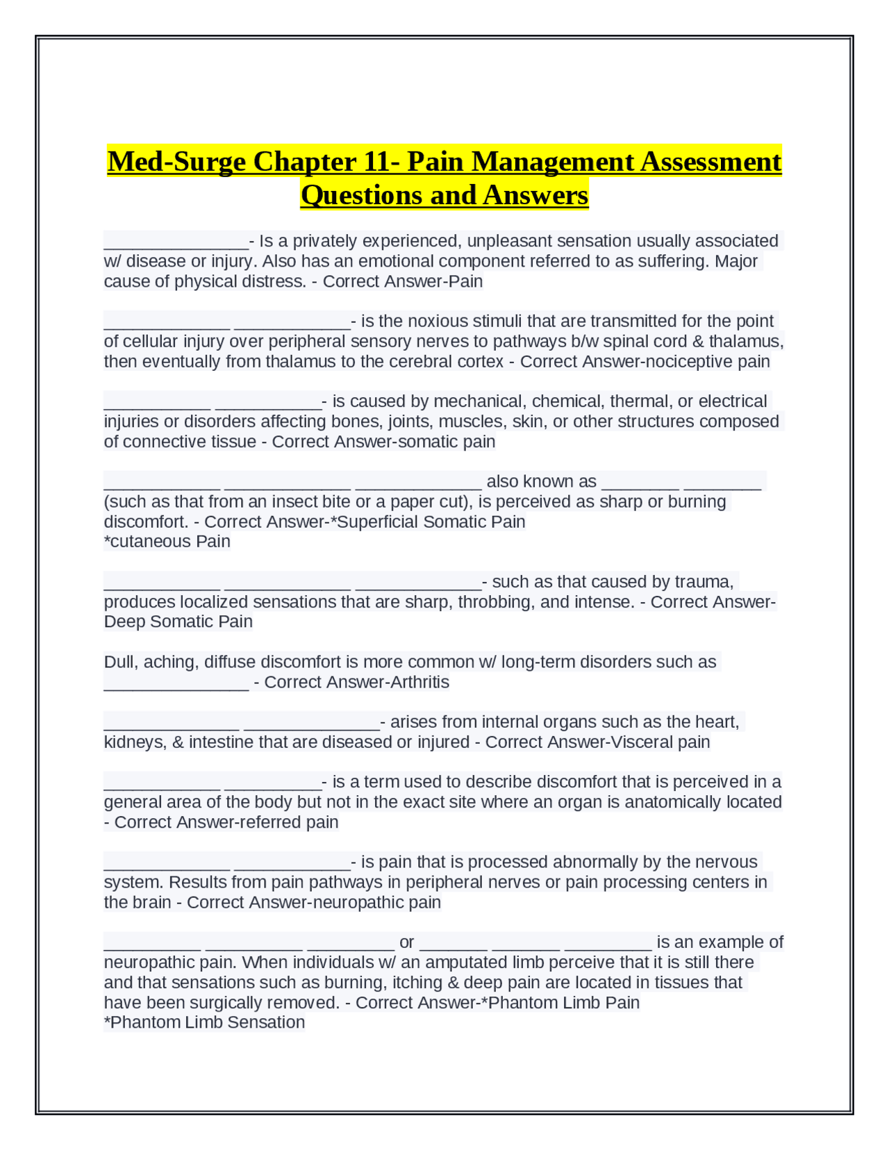 Med-Surge Chapter 11- Pain Management Assessment Questions and Answers ...