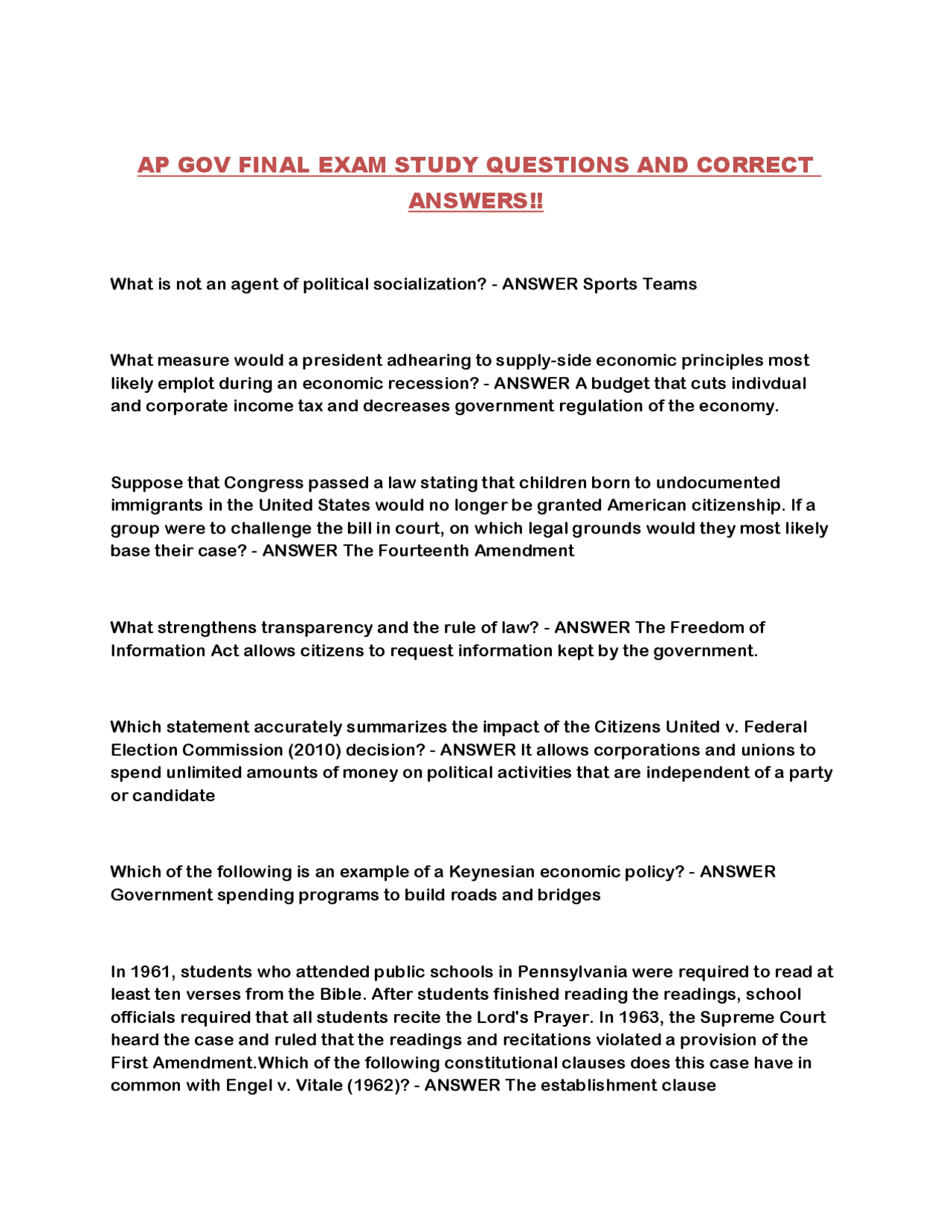 AP GOV FINAL EXAM STUDY QUESTIONS AND CORRECT ANSWERS!! | Exams ...