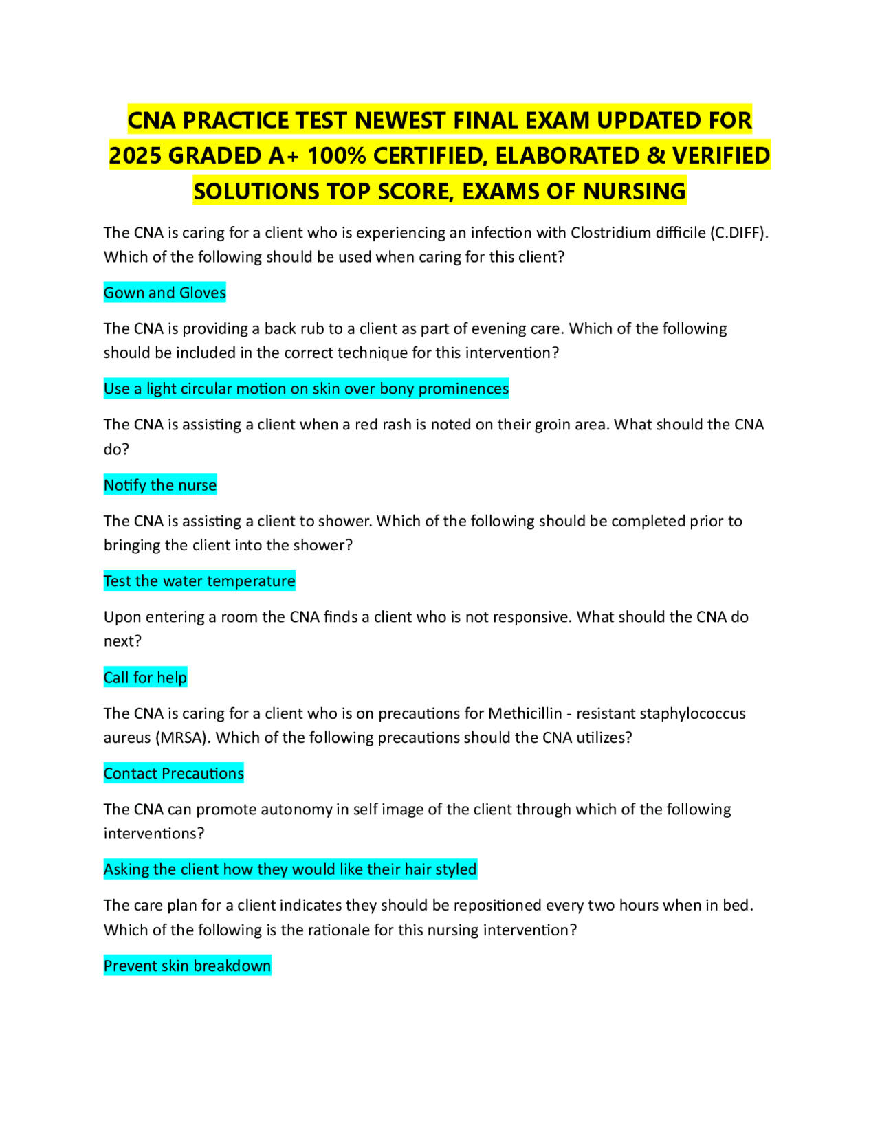 CNA PRACTICE TEST NEWEST FINAL EXAM UPDATED FOR 2025 GRADED A+ 100% ...