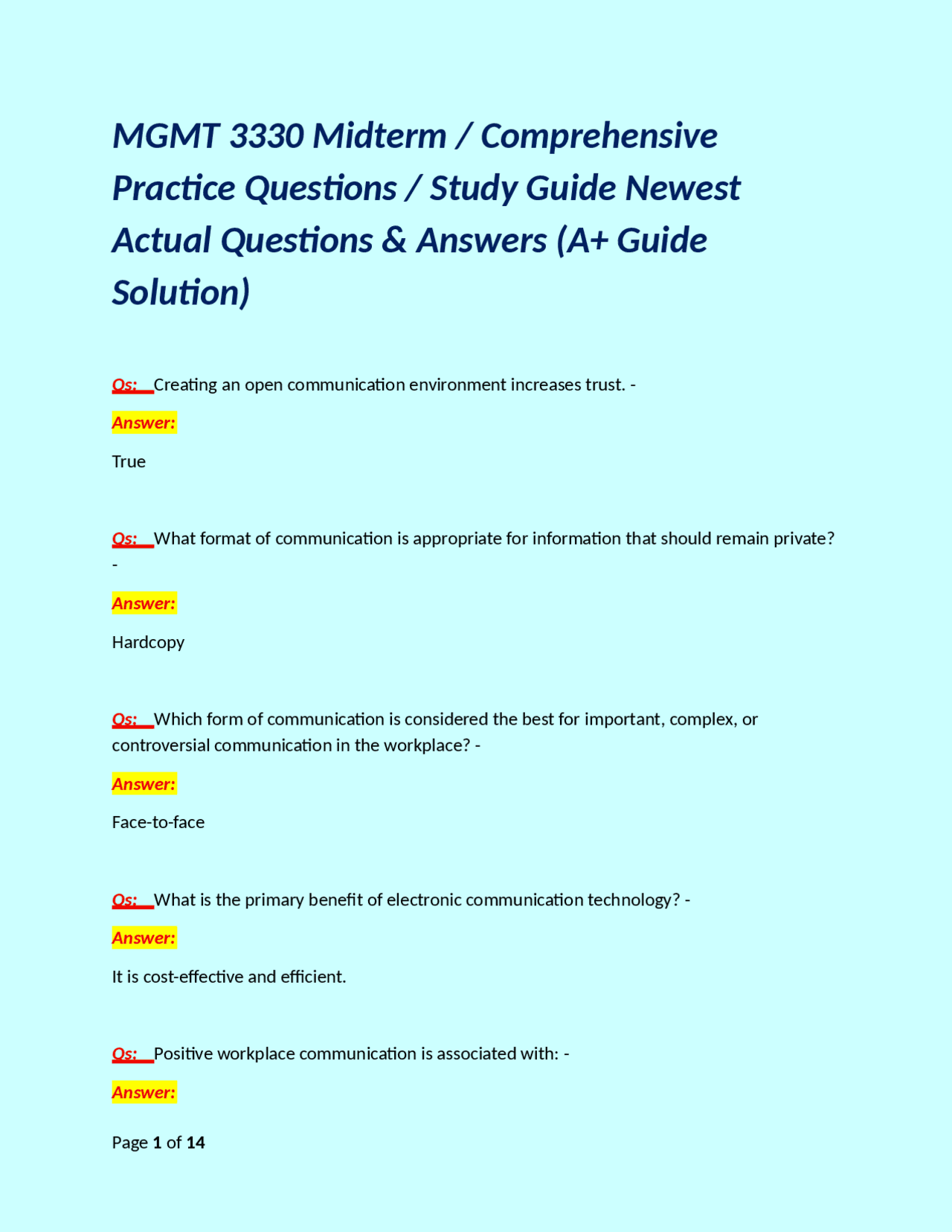 MGMT 3330 Midterm Study Guide: Practice Questions and