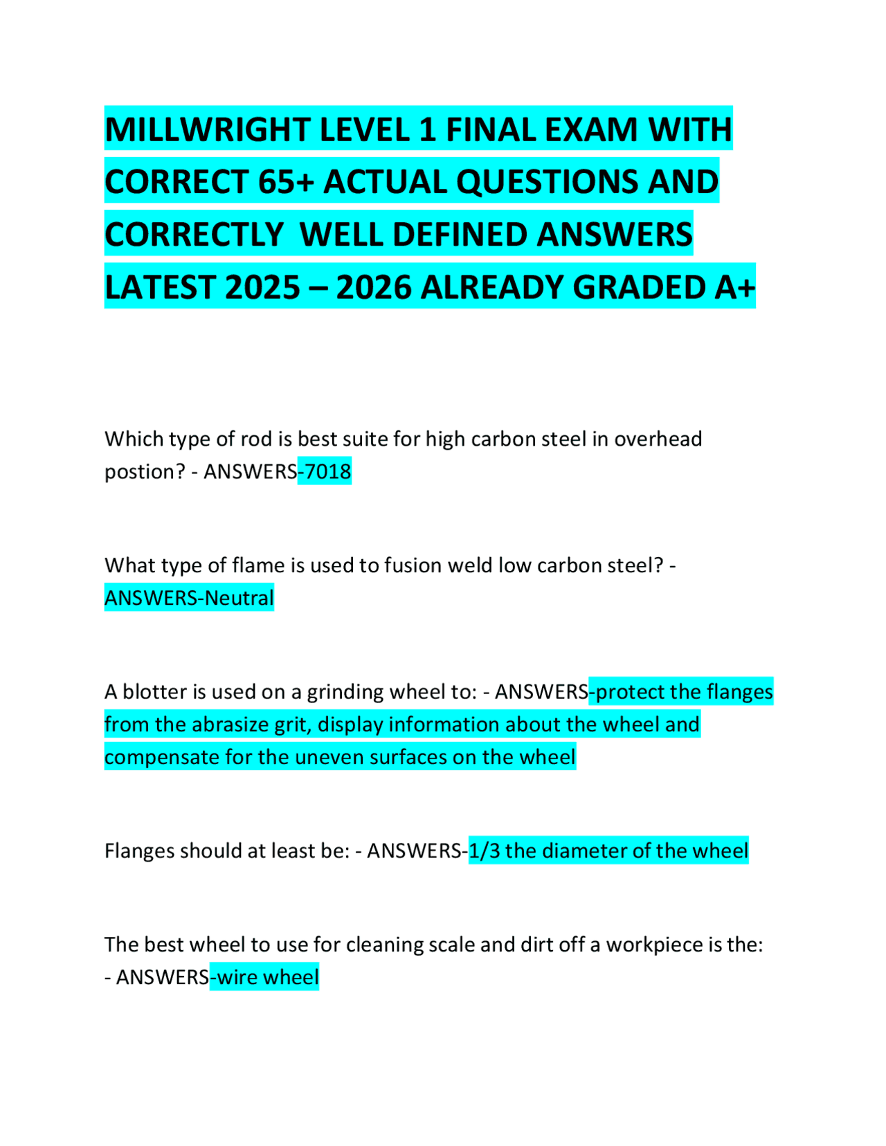 MILLWRIGHT LEVEL 1 FINAL EXAM WITH CORRECT 65+ ACTUAL QUESTIONS | Exams ...