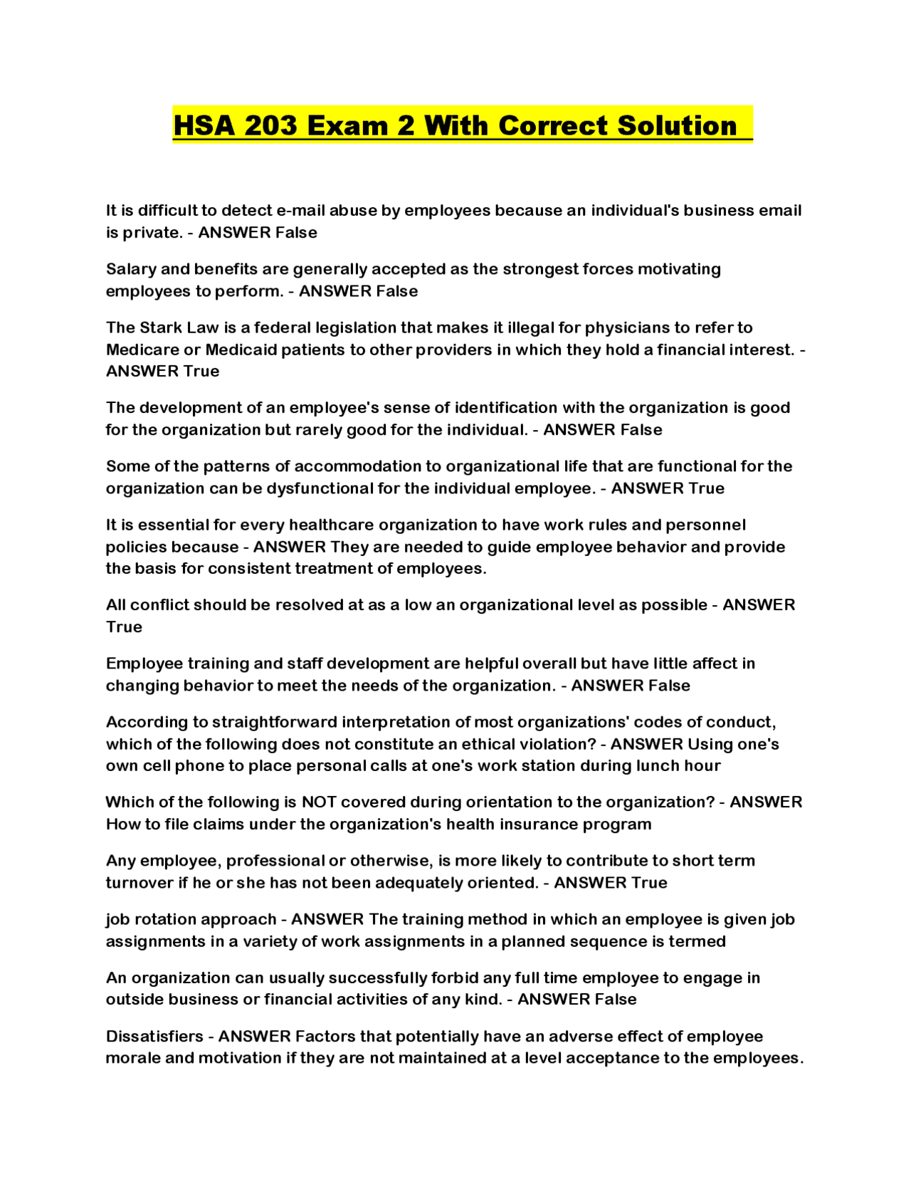 Hsa Questions HSA 203 Exam 2: Human Resources Management Questions and Solutions ...