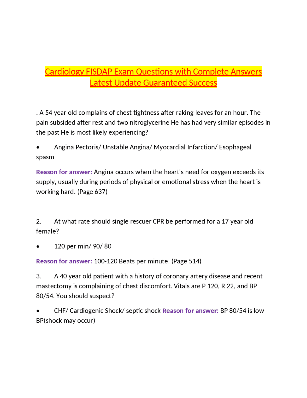 Cardiology FISDAP Exam Questions with Complete Answers Latest Update ...