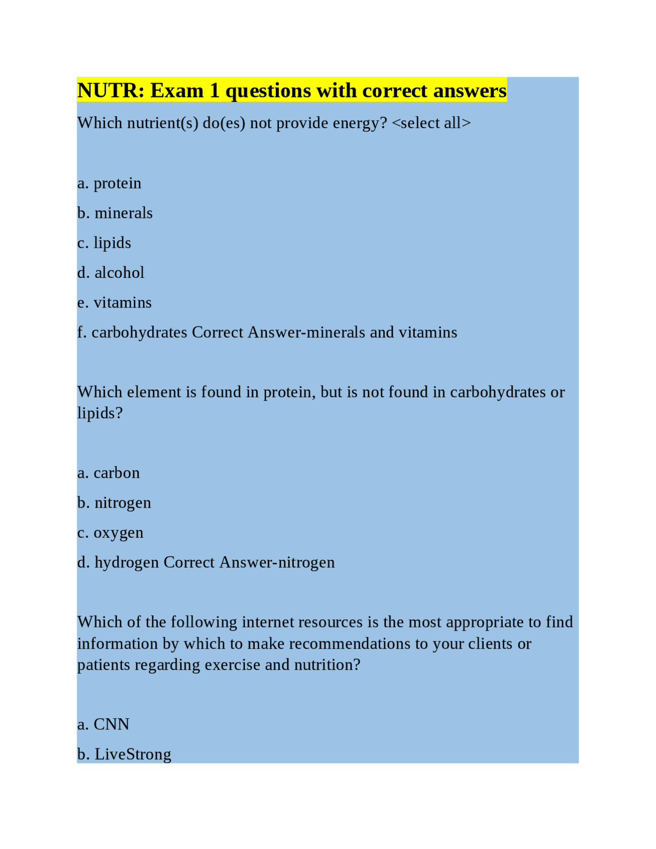 NUTR: Exam 1 questions with correct answers | Exams Nutrition | Docsity